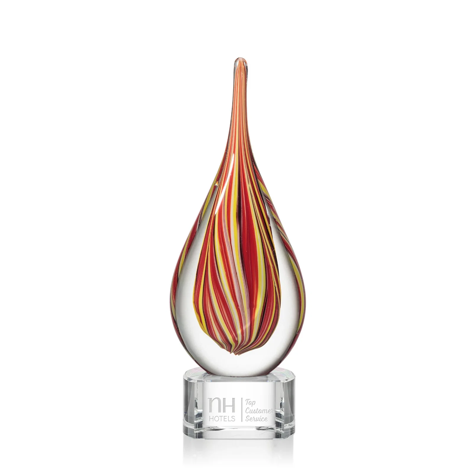 Custom Ruby and Amber Swirl Glass Flame Teardrop Award for corporate award ceremonies