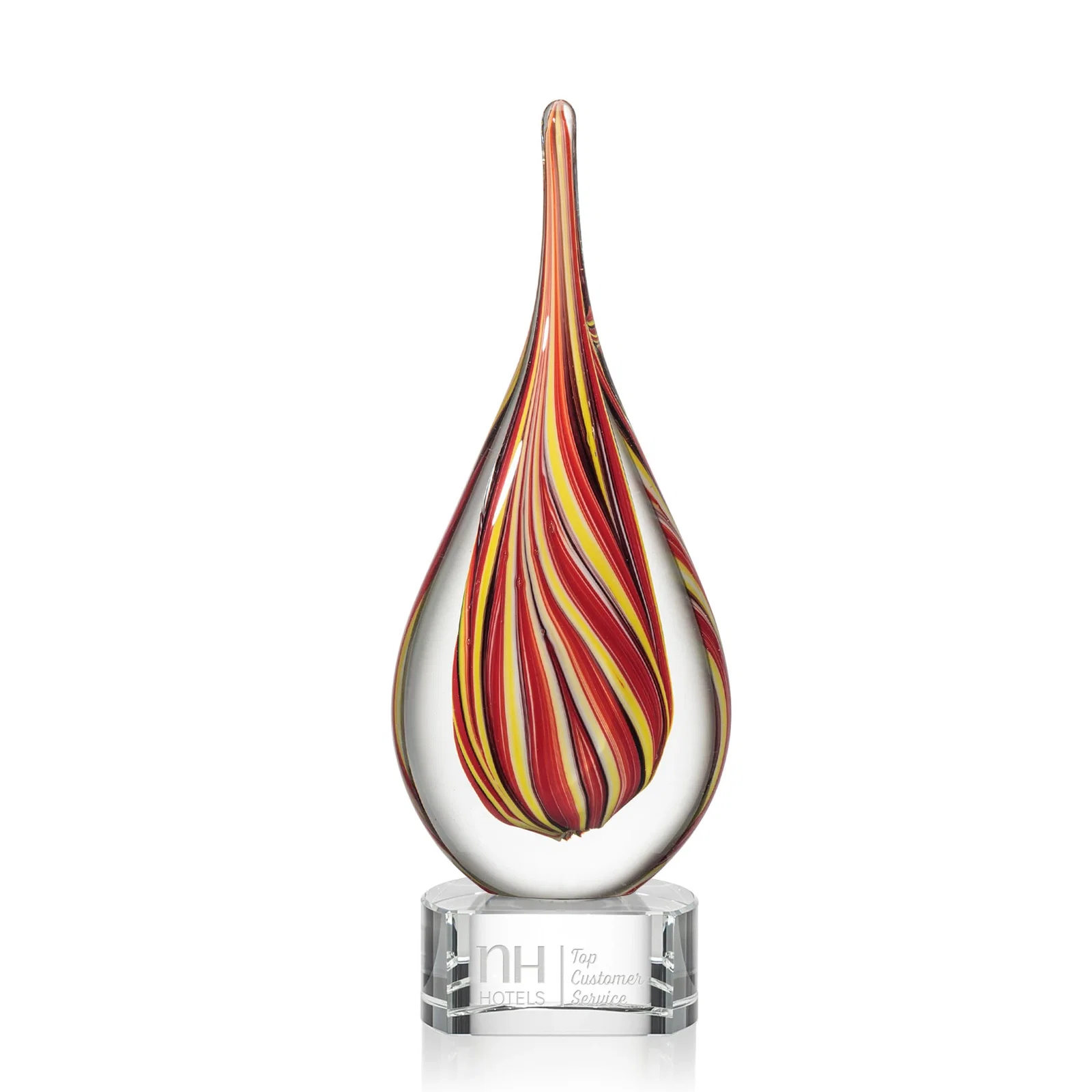 Custom Ruby and Amber Swirl Glass Flame Teardrop Award for service anniversary gifts