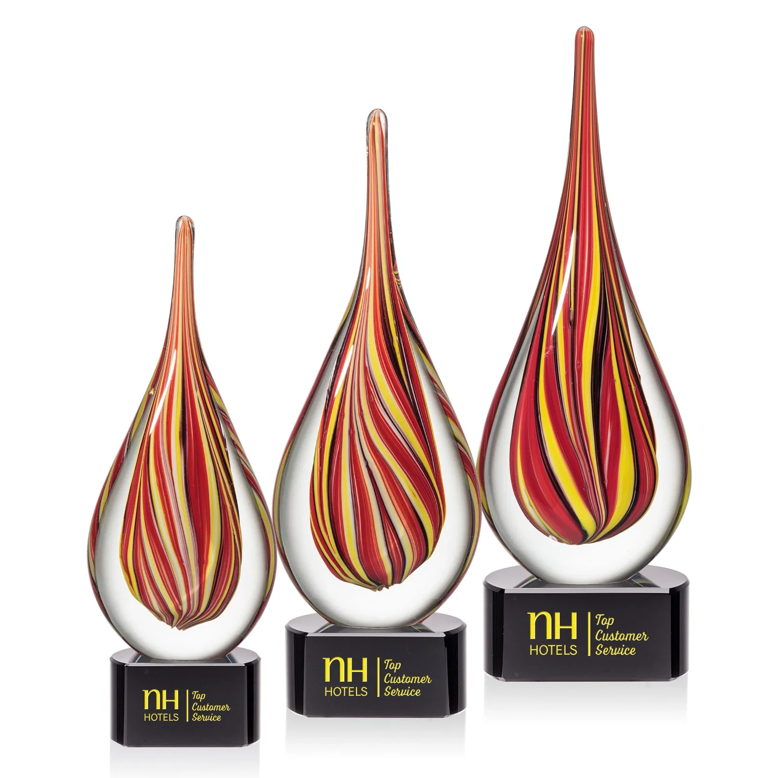 Custom Ruby and Amber Swirl Glass Flame Teardrop Award for retirement presentations