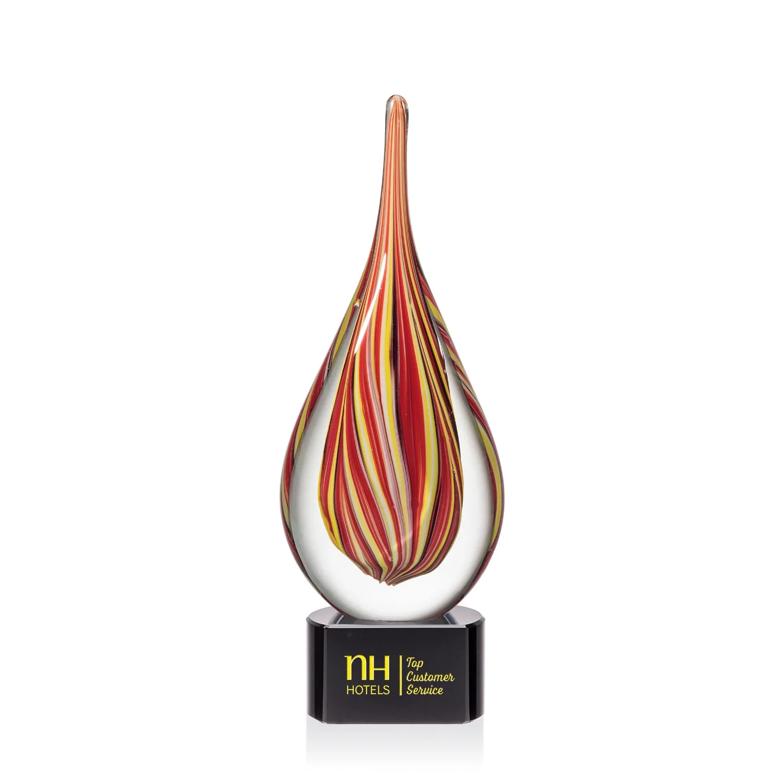 Custom Ruby and Amber Swirl Glass Flame Teardrop Award for team milestone celebrations