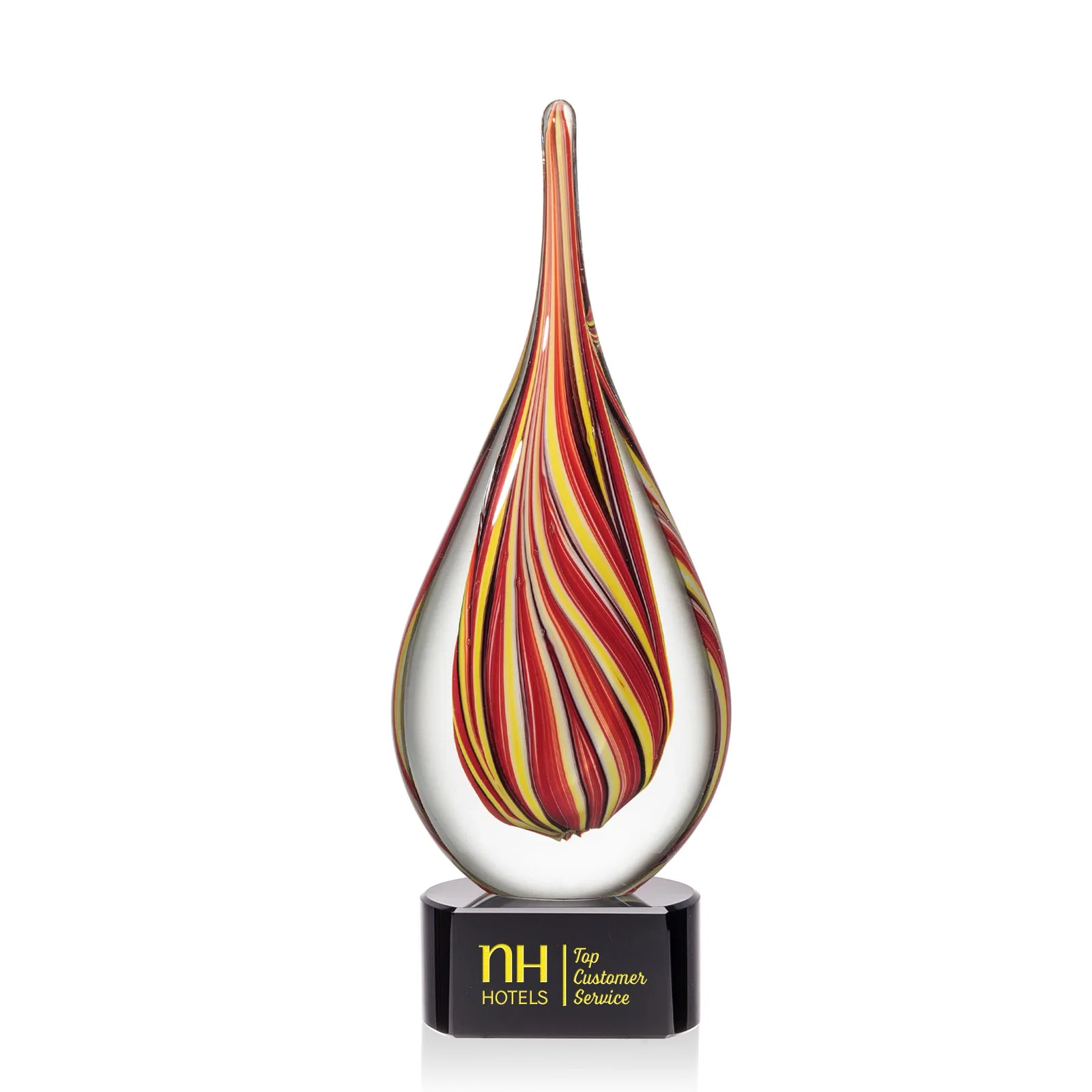 Custom Ruby and Amber Swirl Glass Flame Teardrop Award for donor appreciation