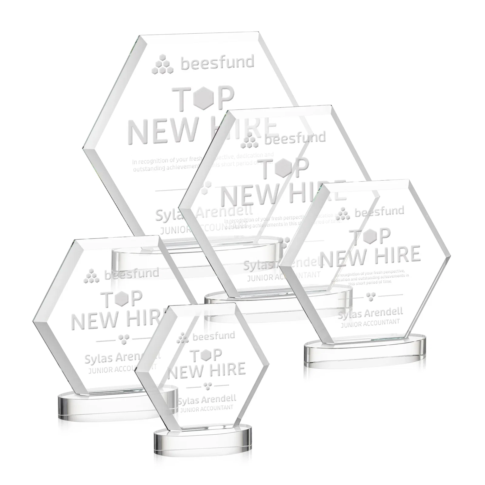 Custom Starfire Crystal Hexagon Award on Alberton Oval Base, awards for employee recognition