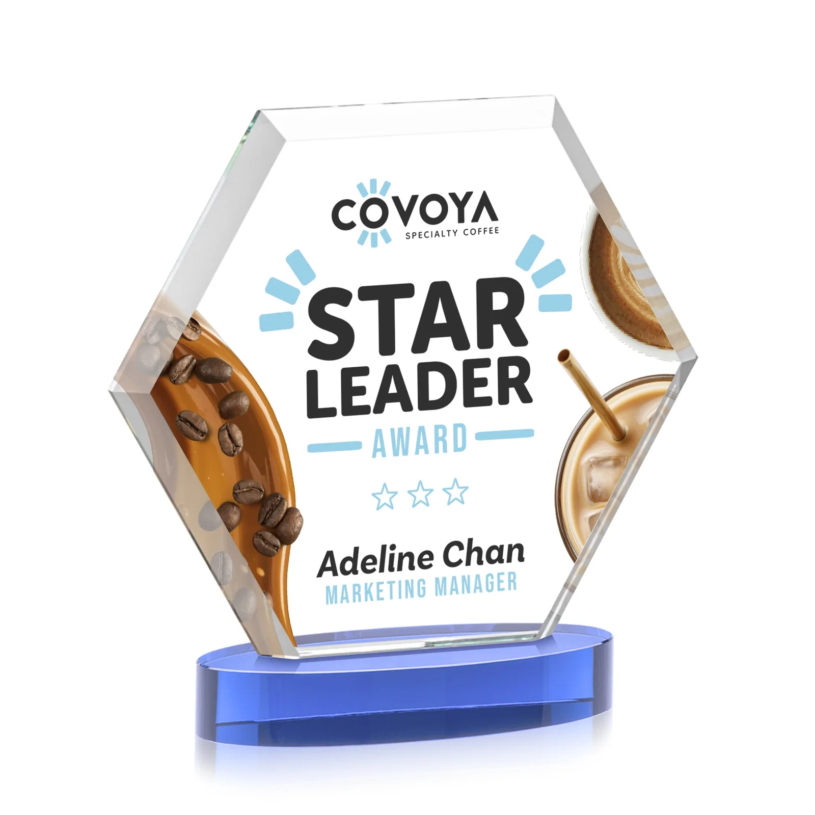 Personalized Starfire Crystal Hexagon Award on Alberton Oval Base, awards, with your logo for sales achievement awards