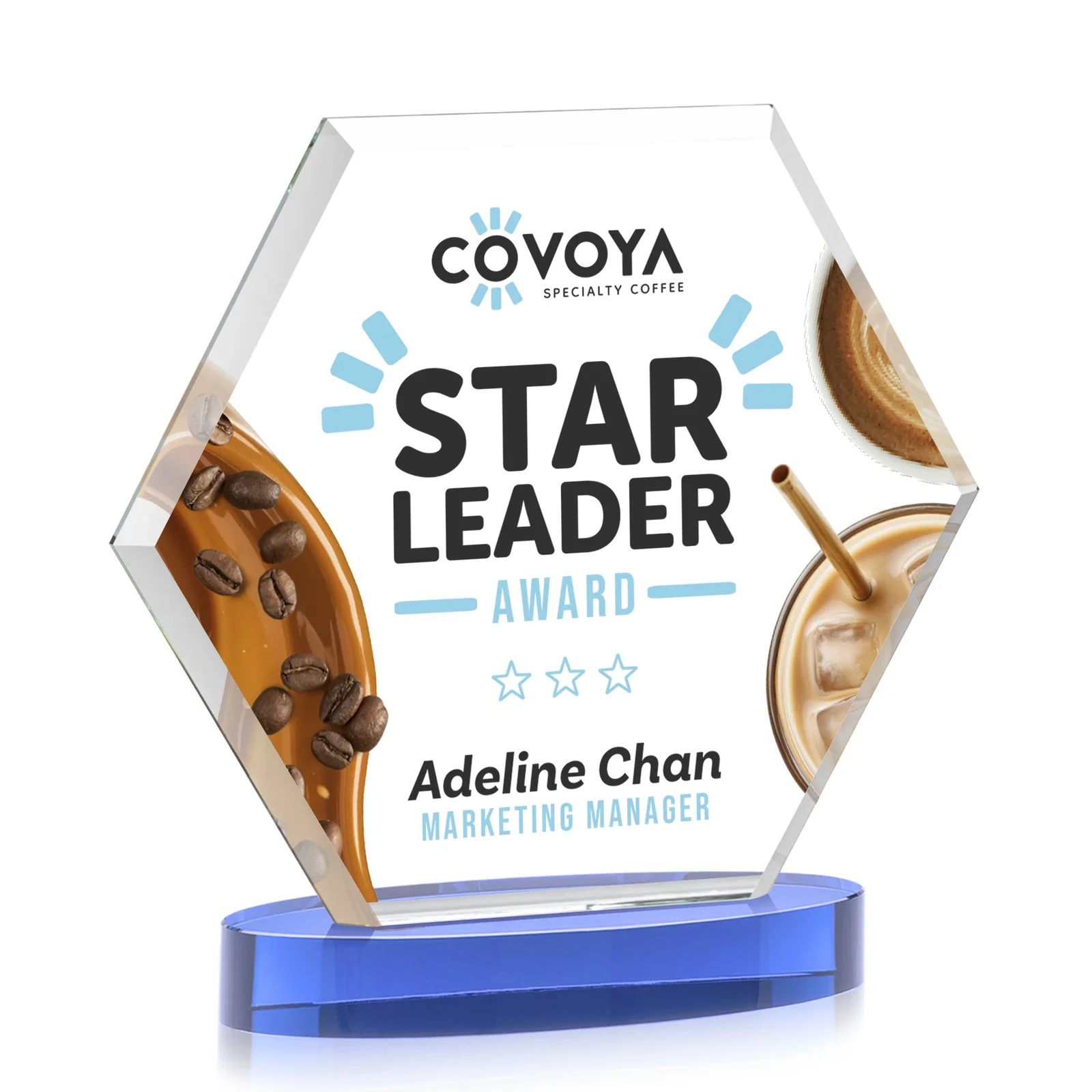 Personalized Starfire Crystal Hexagon Award on Alberton Oval Base, awards, with your logo for team milestone celebrations