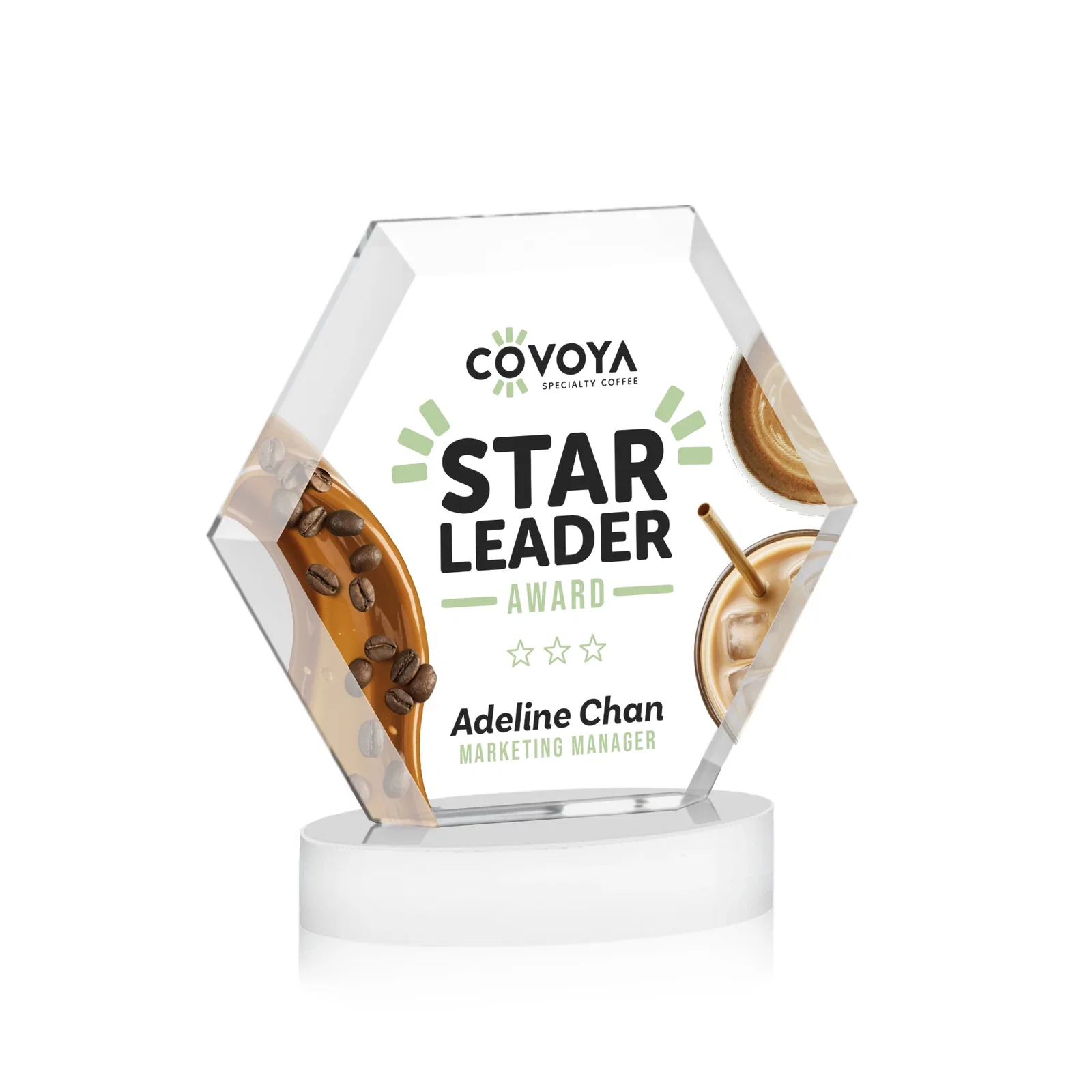 Personalized Starfire Crystal Hexagon Award on Alberton Oval Base, awards, with your logo for graduation ceremonies
