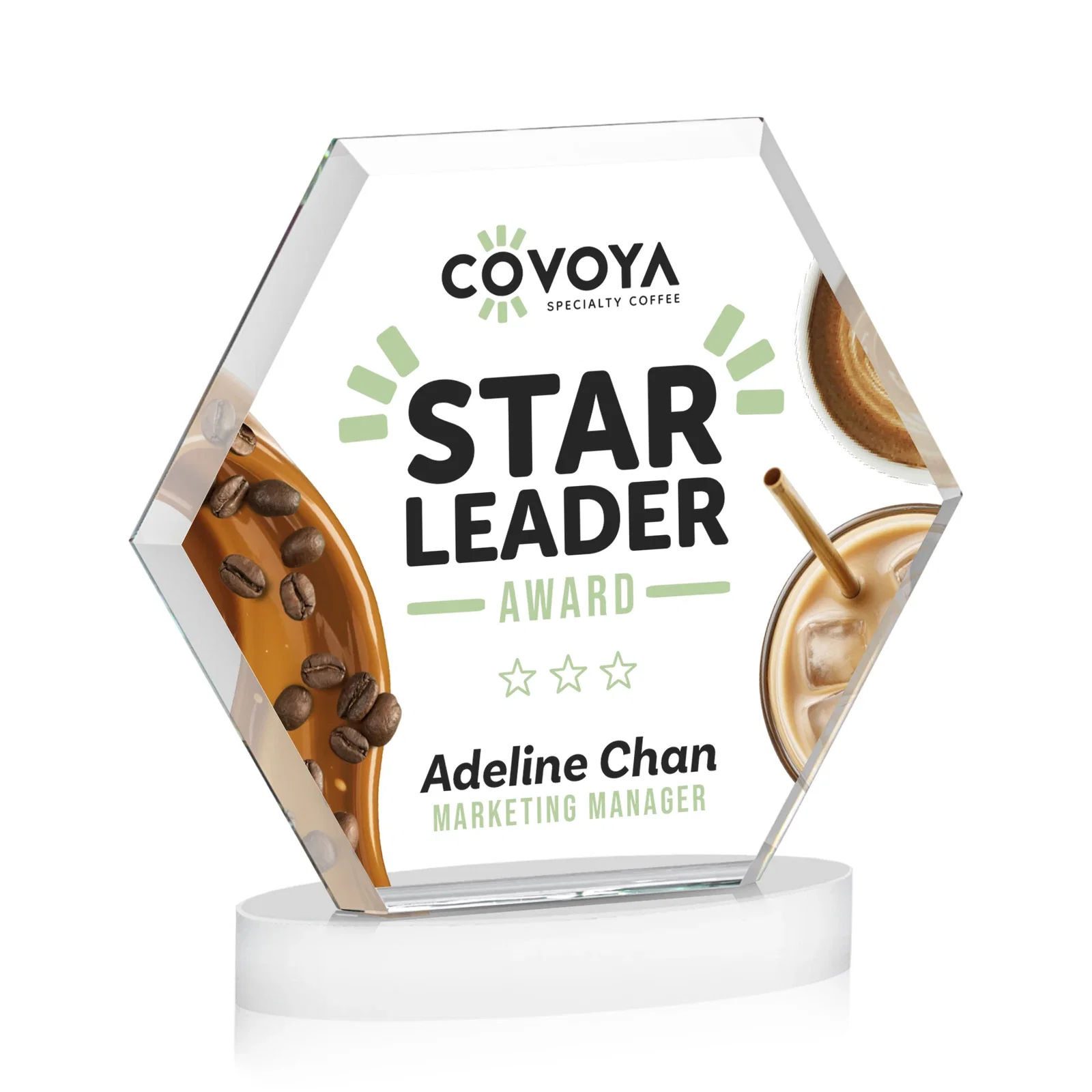 Personalized Starfire Crystal Hexagon Award on Alberton Oval Base, awards, with your logo for dealer and partner awards