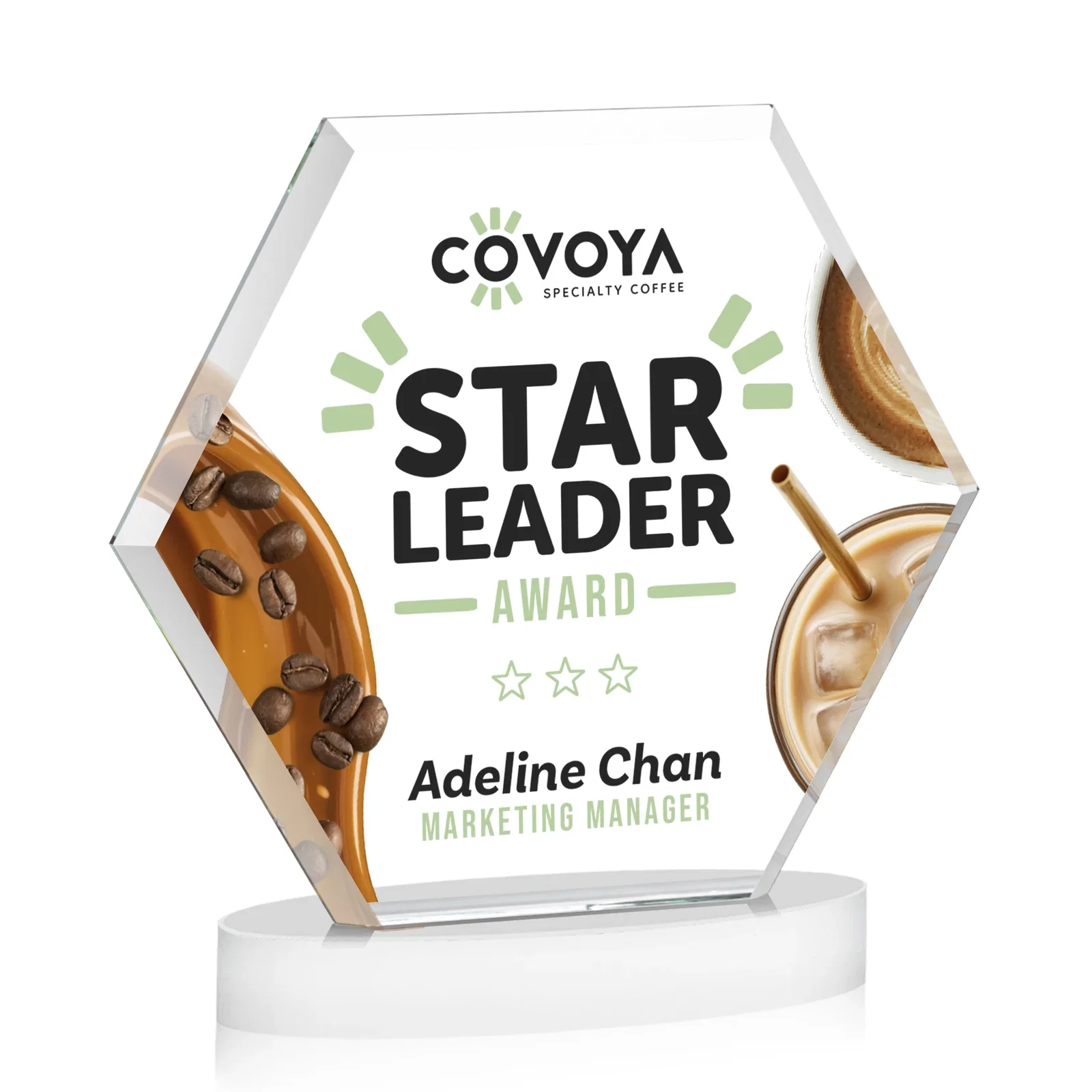 Personalized Starfire Crystal Hexagon Award on Alberton Oval Base, awards, with your logo for company anniversary events
