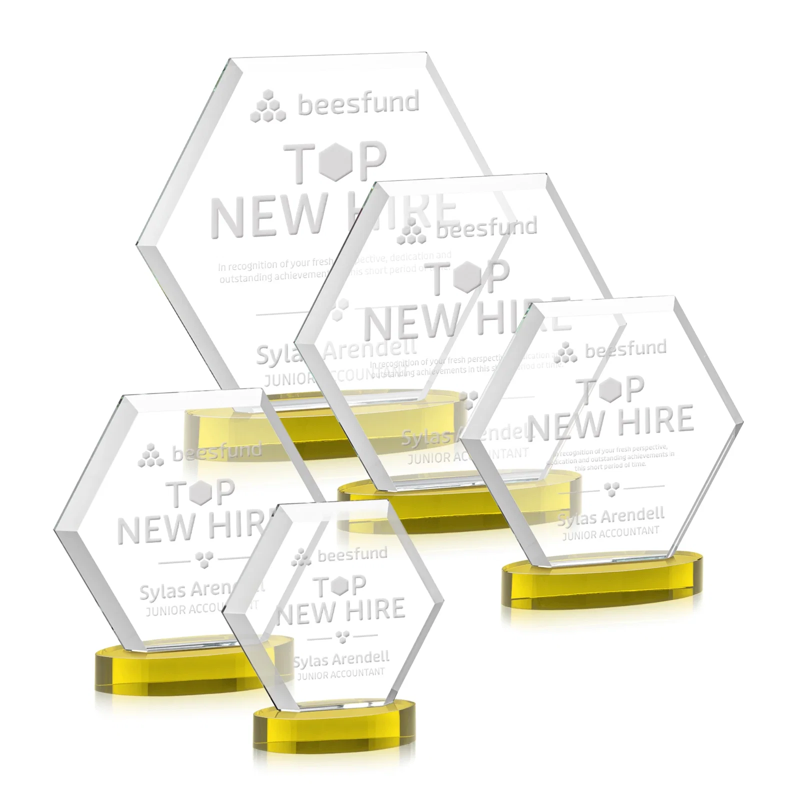 Personalized Starfire Crystal Hexagon Award on Alberton Oval Base, awards for employee recognition