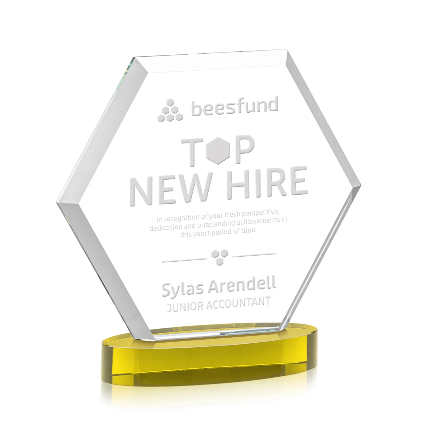 Personalized Starfire Crystal Hexagon Award on Alberton Oval Base, awards for sales achievement awards