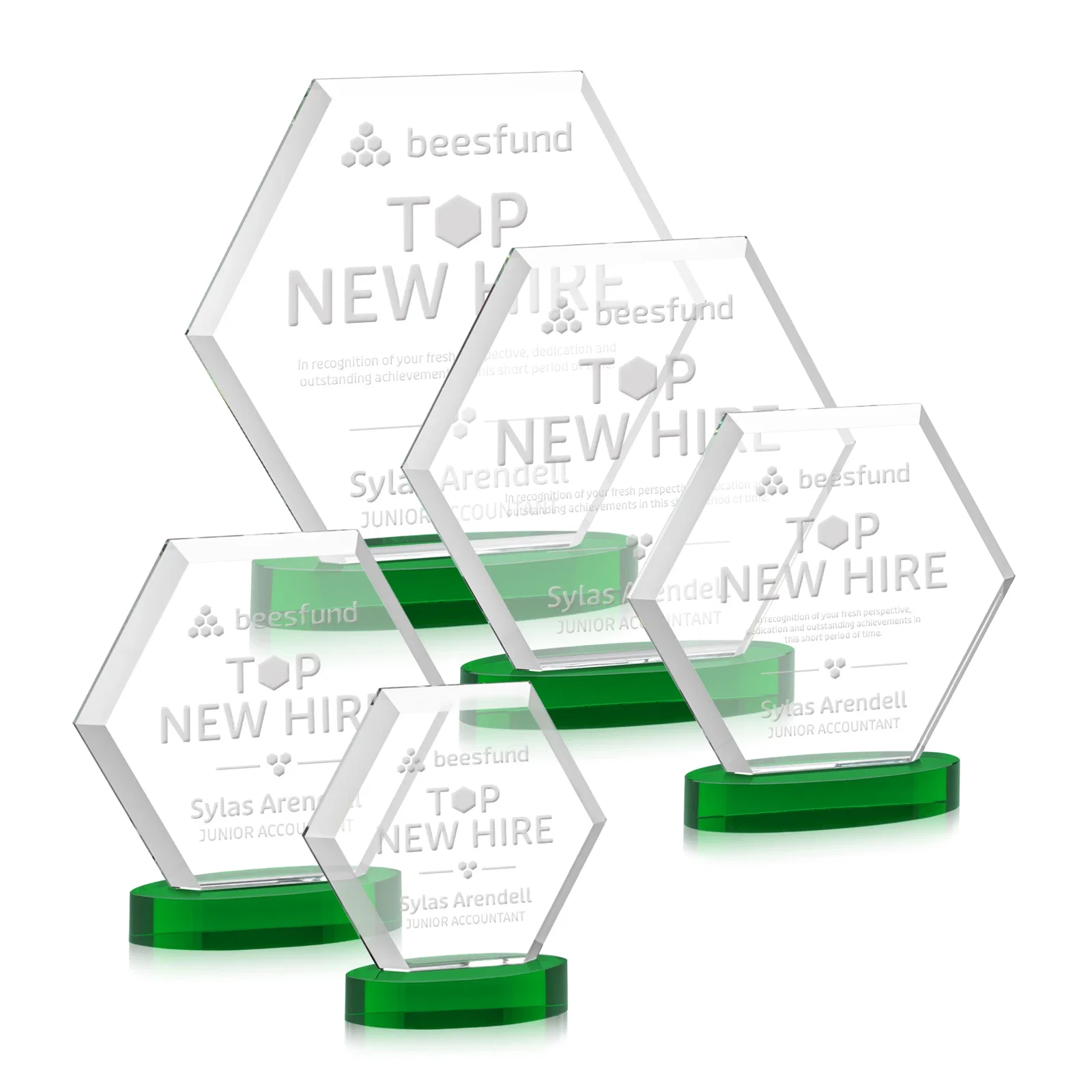 Personalized Starfire Crystal Hexagon Award on Alberton Oval Base, awards for donor appreciation