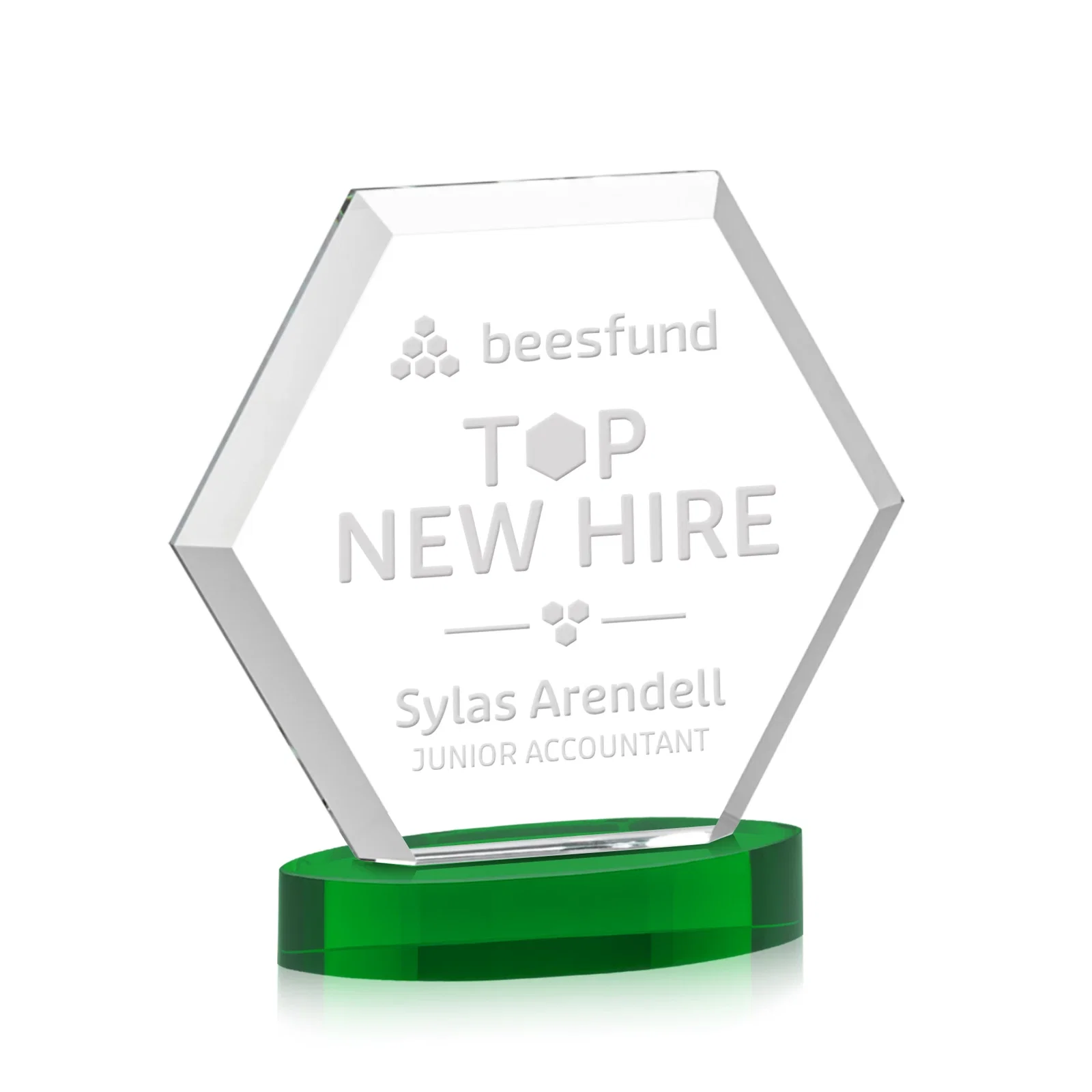 Personalized Starfire Crystal Hexagon Award on Alberton Oval Base, awards for safety achievement programs