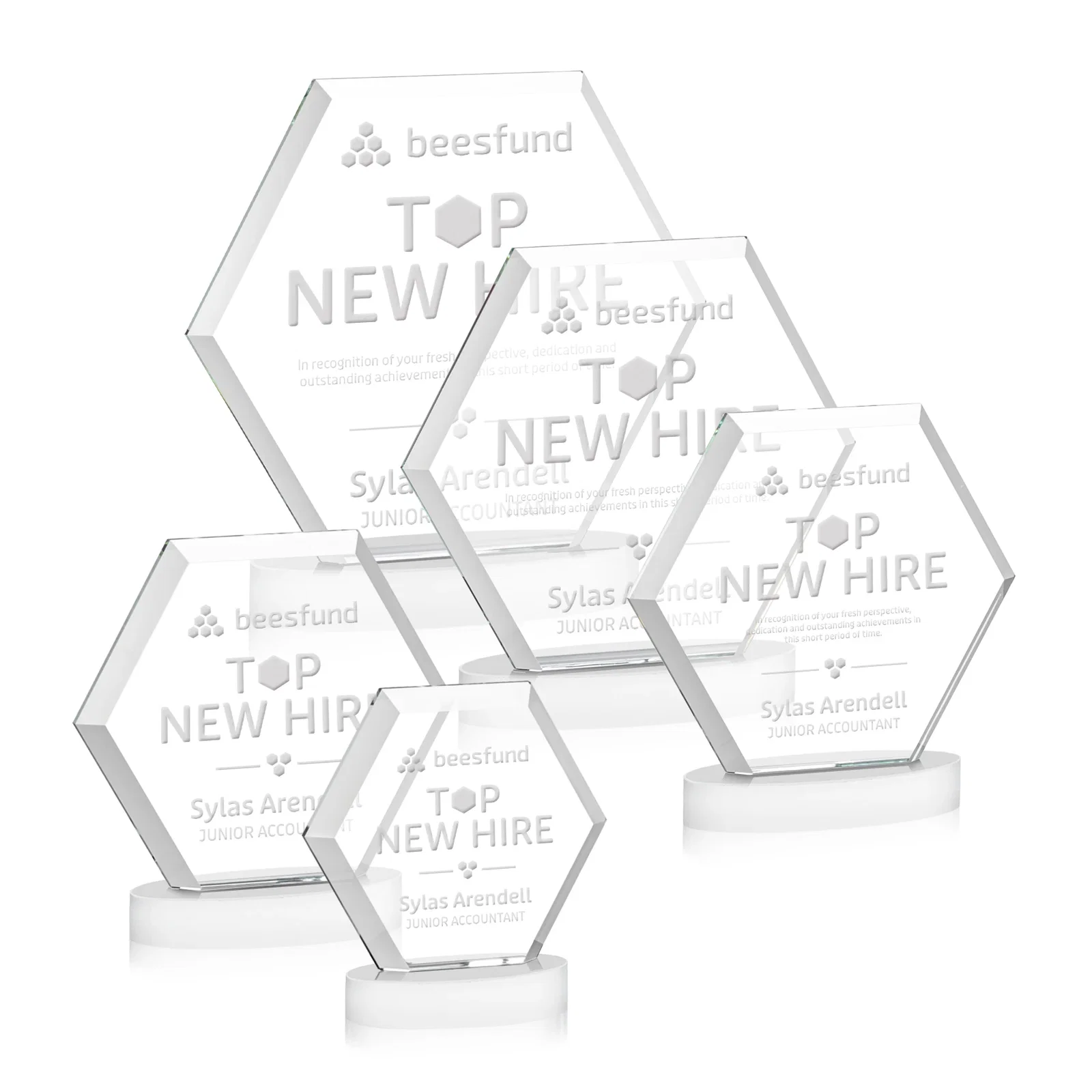Custom printed Starfire Crystal Hexagon Award on Alberton Oval Base, awards for employee recognition