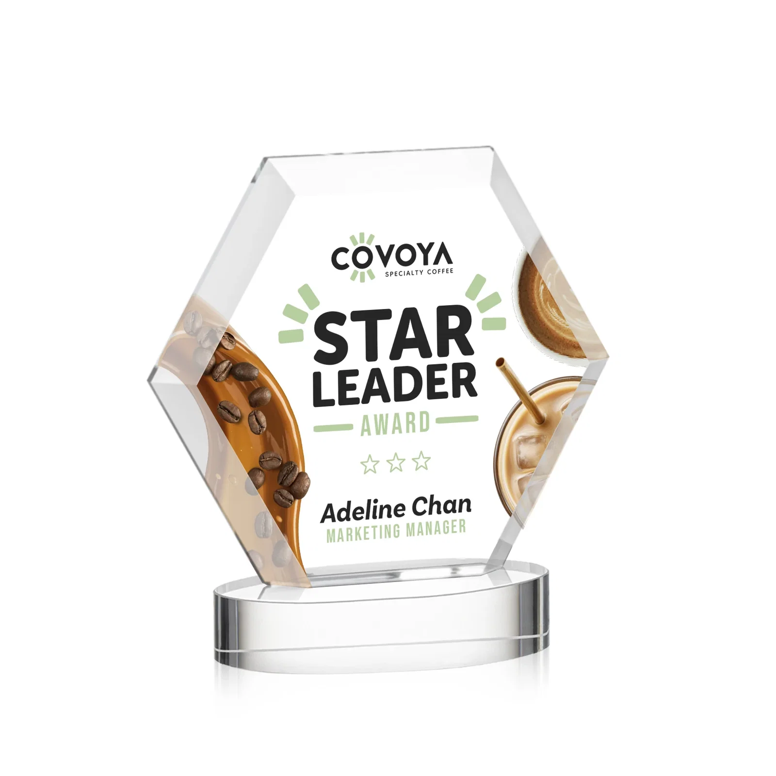 Custom printed Starfire Crystal Hexagon Award on Alberton Oval Base, awards for graduation ceremonies