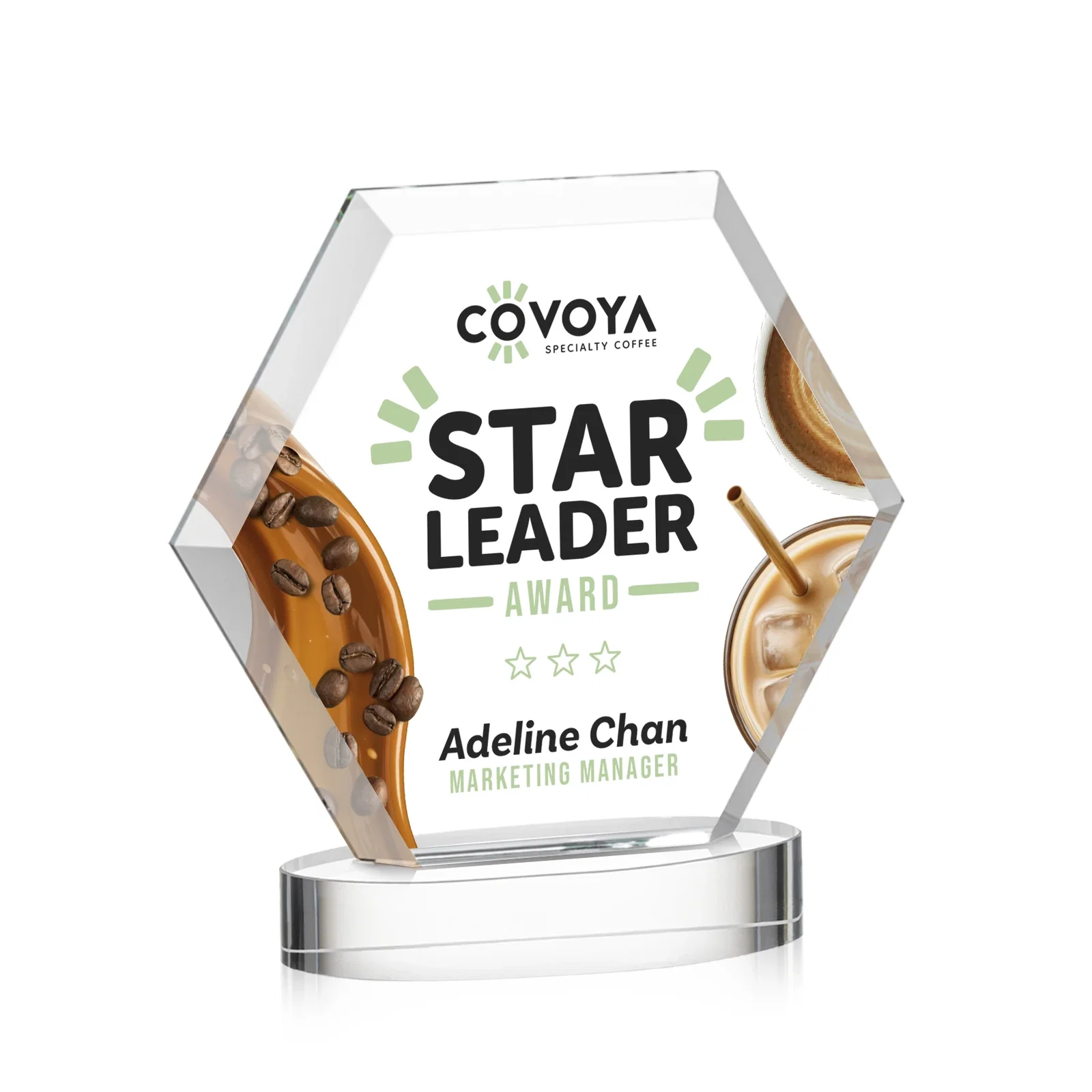 Custom printed Starfire Crystal Hexagon Award on Alberton Oval Base, awards for safety achievement programs