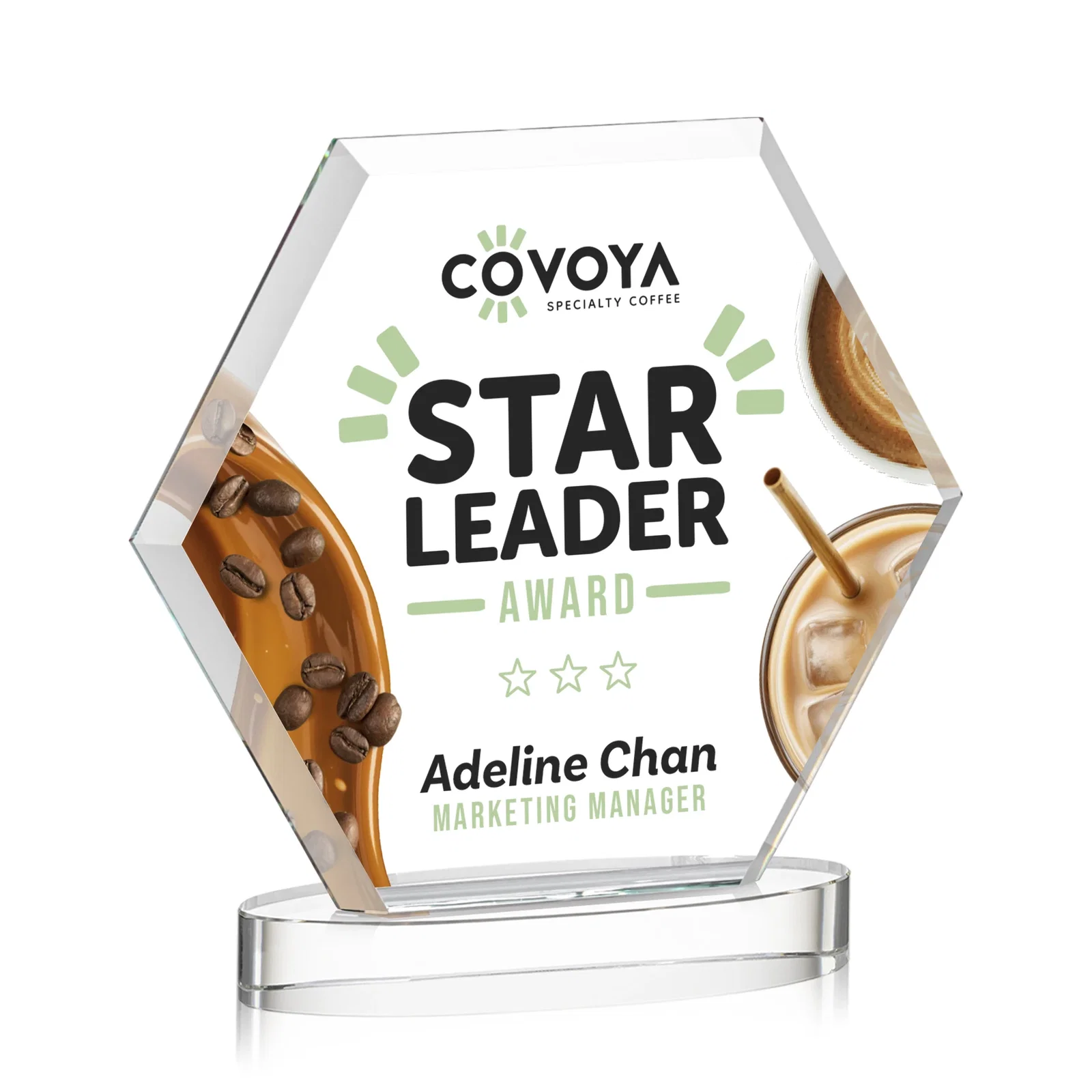 Custom printed Starfire Crystal Hexagon Award on Alberton Oval Base, awards for dealer and partner awards