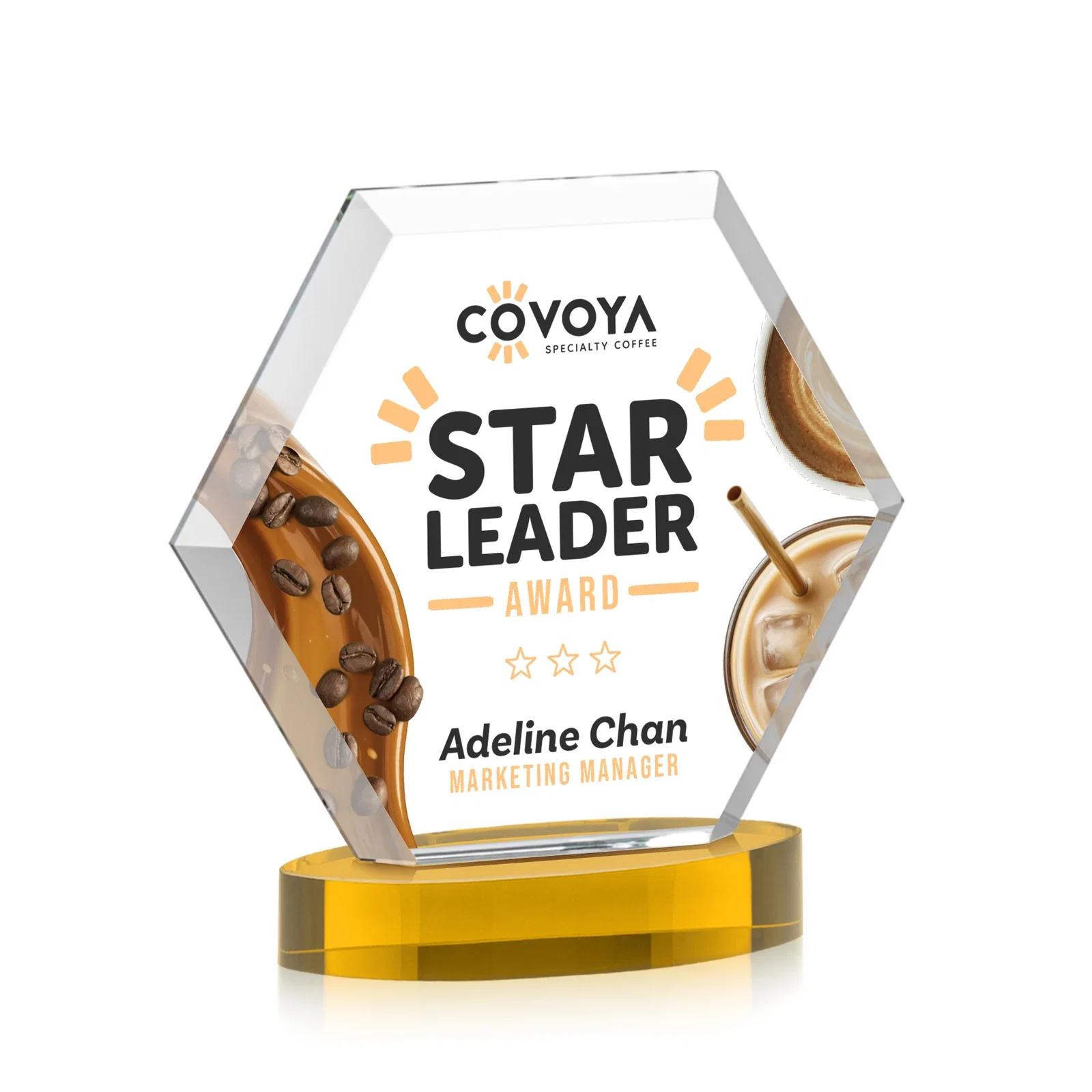 Customized Starfire Crystal Hexagon Award on Alberton Oval Base, awards for service anniversary gifts