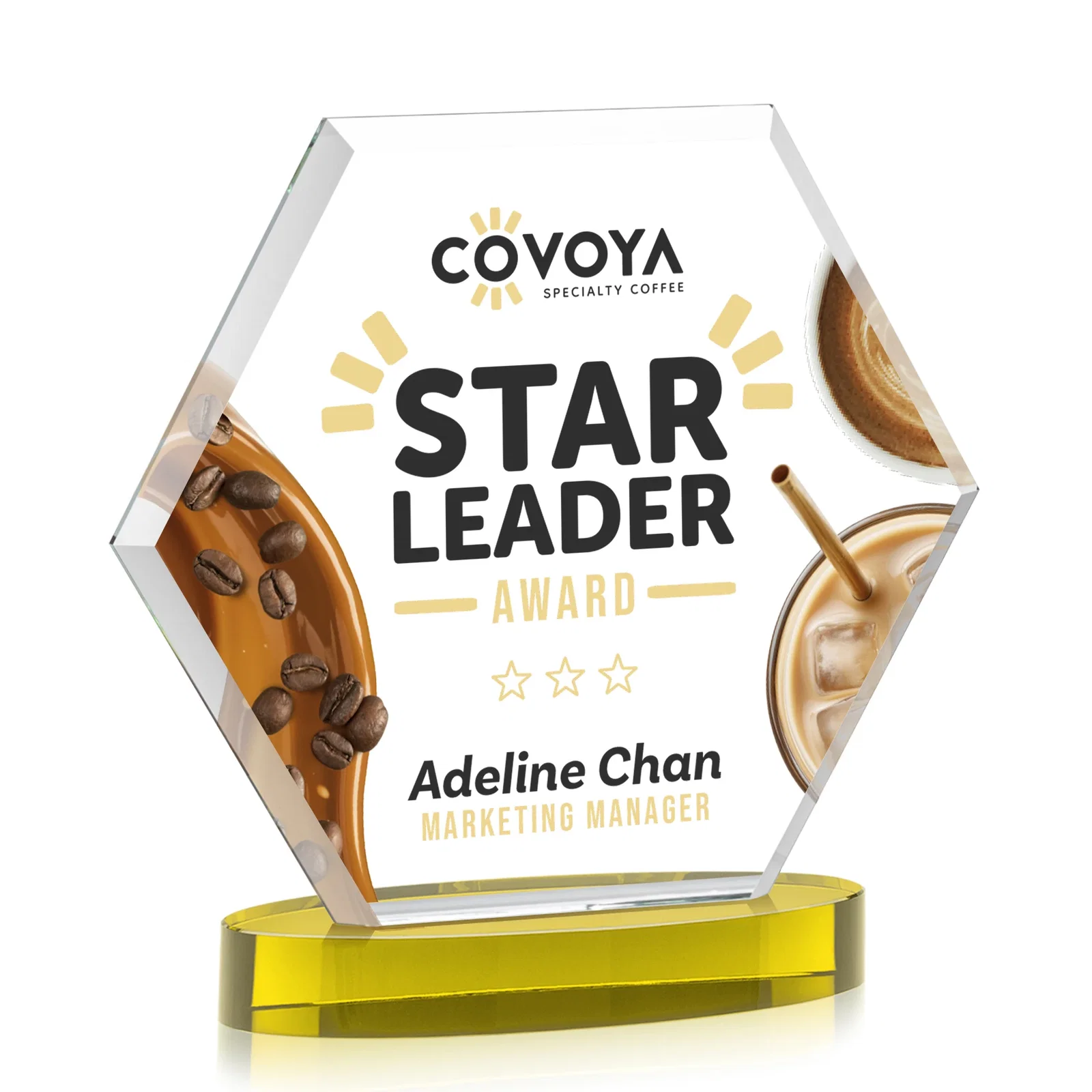 Customized Starfire Crystal Hexagon Award on Alberton Oval Base, awards for company anniversary events