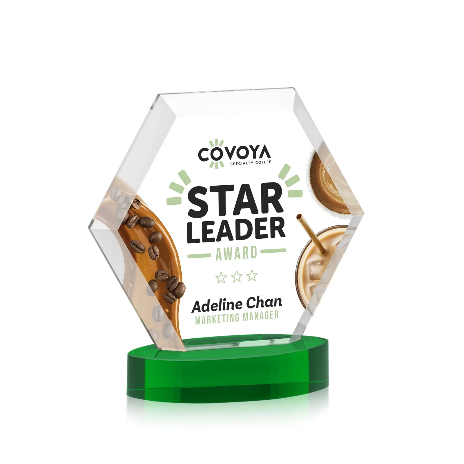 Custom engraved Starfire Crystal Hexagon Award on Alberton Oval Base, awards for corporate award ceremonies