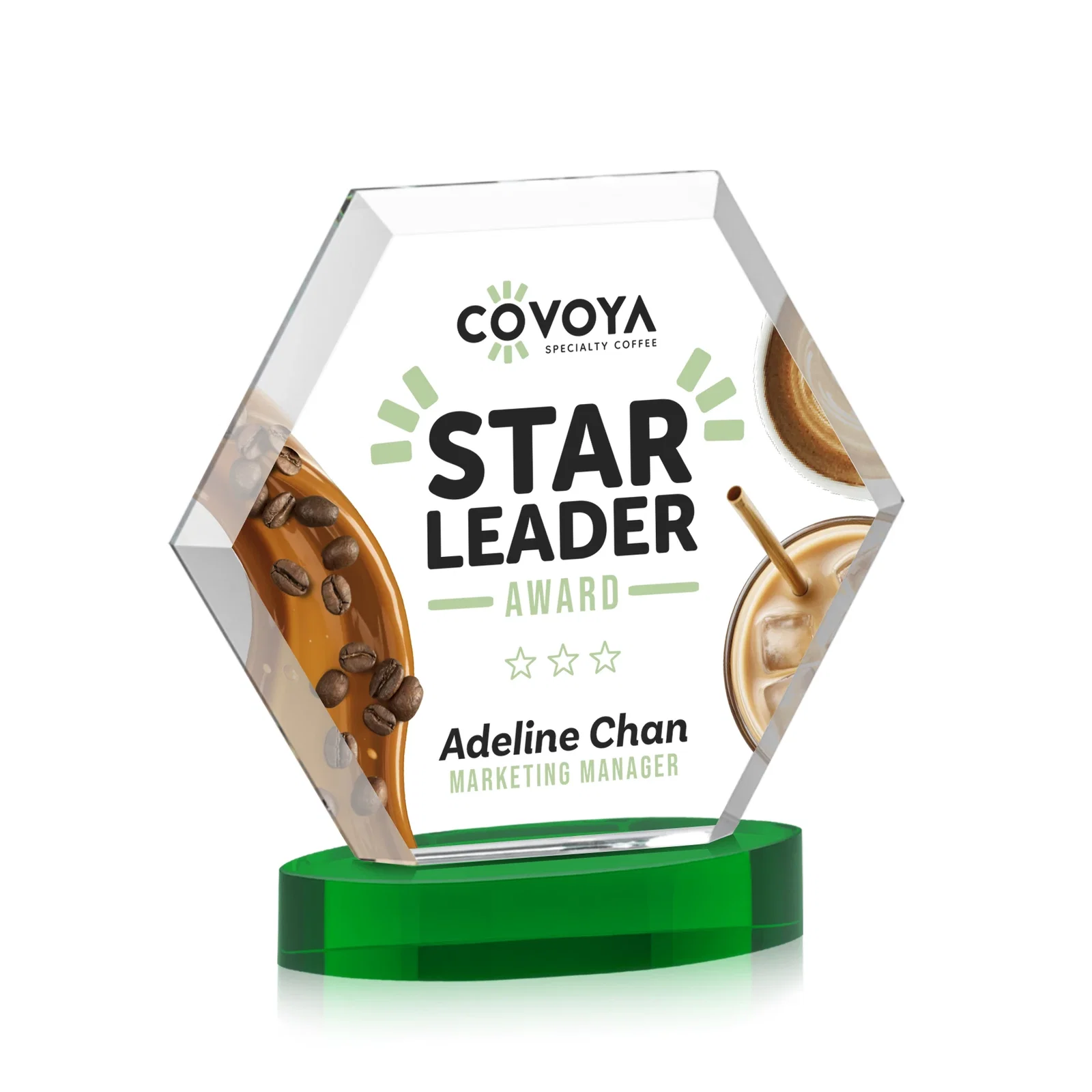Custom engraved Starfire Crystal Hexagon Award on Alberton Oval Base, awards for service anniversary gifts