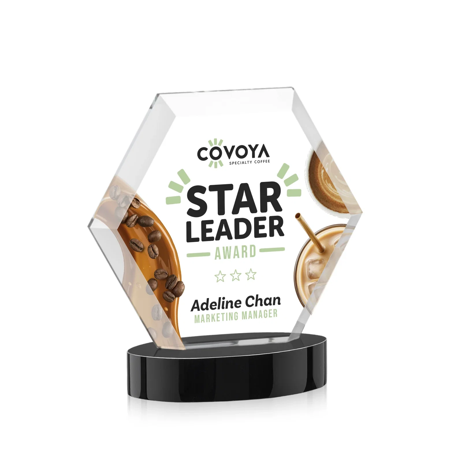 Custom engraved Starfire Crystal Hexagon Award on Alberton Oval Base, awards for graduation ceremonies