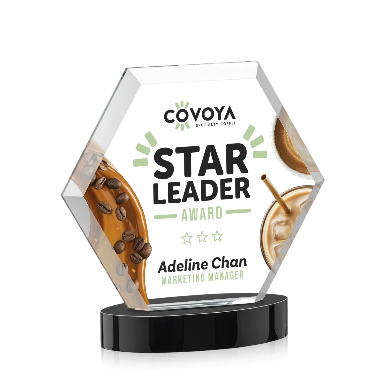 Custom engraved Starfire Crystal Hexagon Award on Alberton Oval Base, awards for safety achievement programs