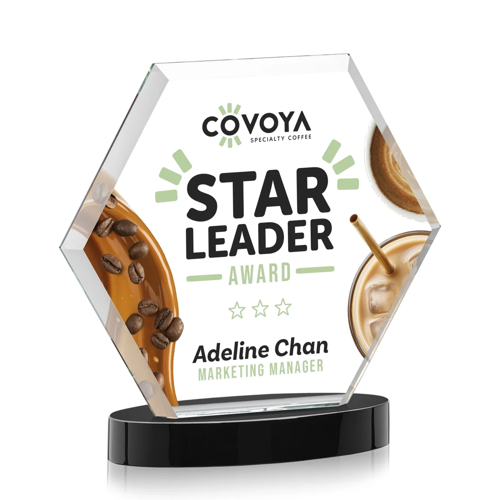 Custom engraved Starfire Crystal Hexagon Award on Alberton Oval Base, awards for dealer and partner awards