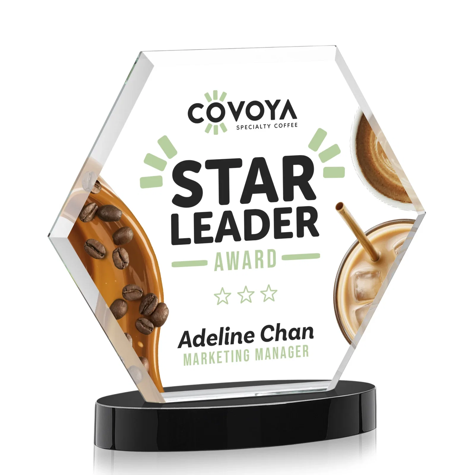 Custom engraved Starfire Crystal Hexagon Award on Alberton Oval Base, awards for company anniversary events