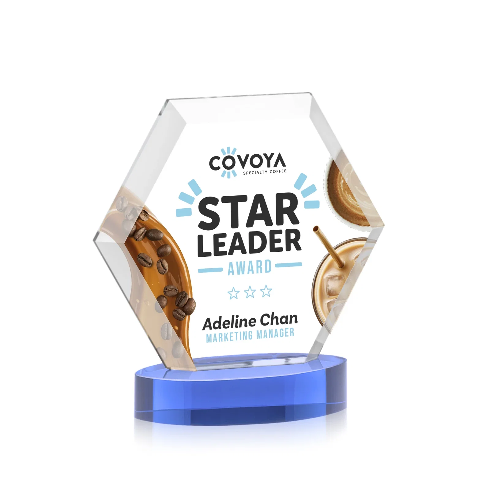 Personalized Starfire Crystal Hexagon Award on Alberton Oval Base, awards, with your logo for corporate award ceremonies