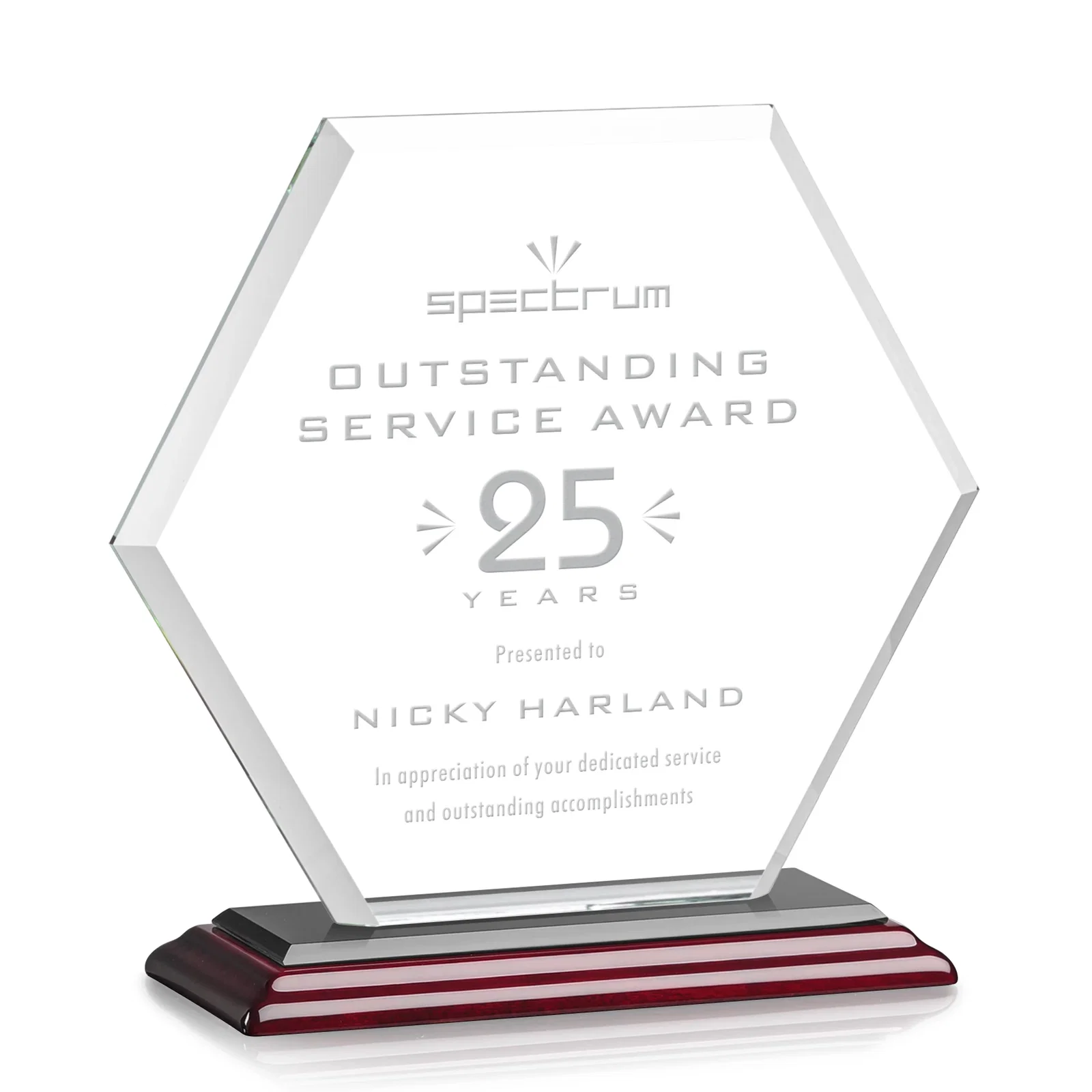 Personalized Starfire Crystal Hexagon Award with Deep Mitered Edges, with your logo for donor appreciation