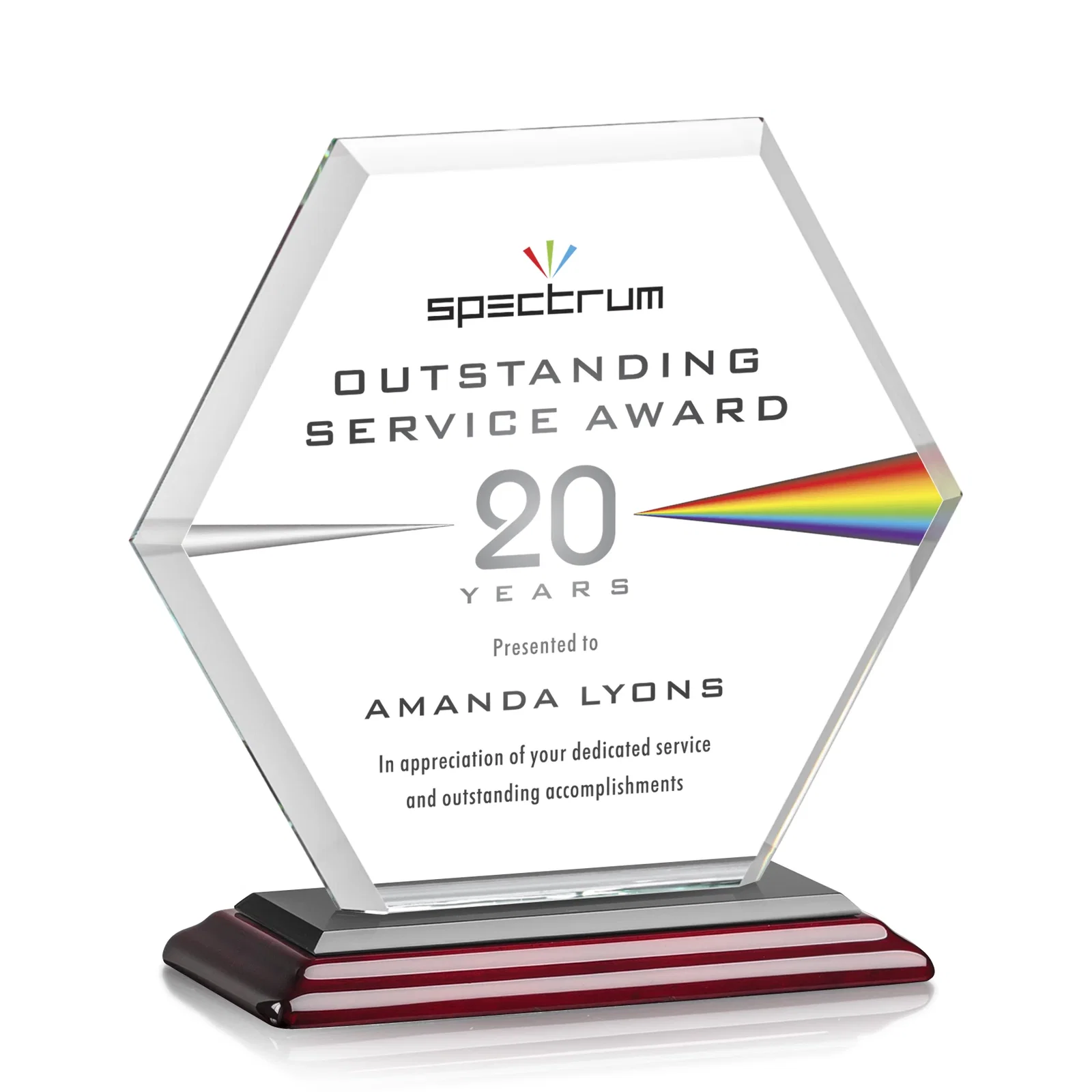 Personalized Starfire Crystal Hexagon Award with Deep Mitered Edges, with your logo for company anniversary events