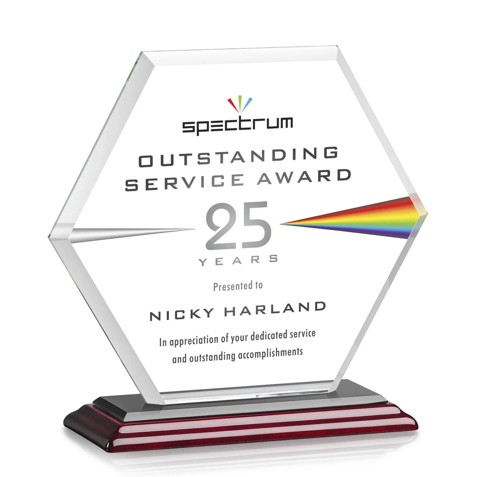Promotional Starfire Crystal Hexagon Award with Deep Mitered Edges, with your logo for employee recognition