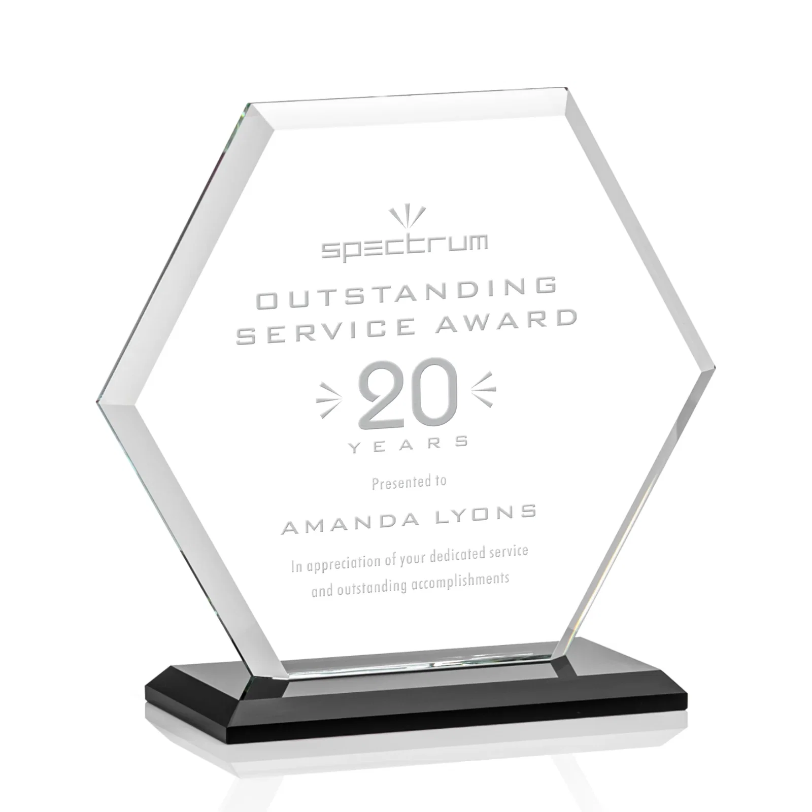 Custom Starfire Crystal Hexagon Award with Deep Mitered Edges for dealer and partner awards