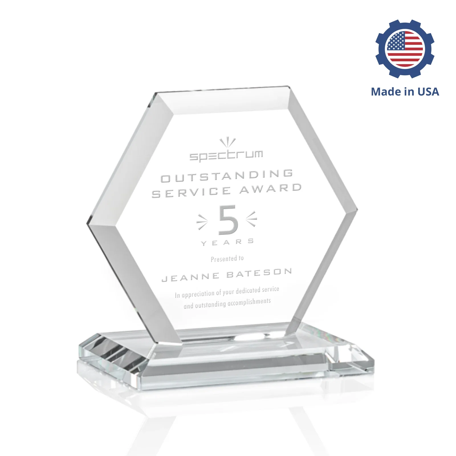 Promotional Starfire Crystal Hexagon Award with Deep Mitered Edges, with your logo for service anniversary gifts