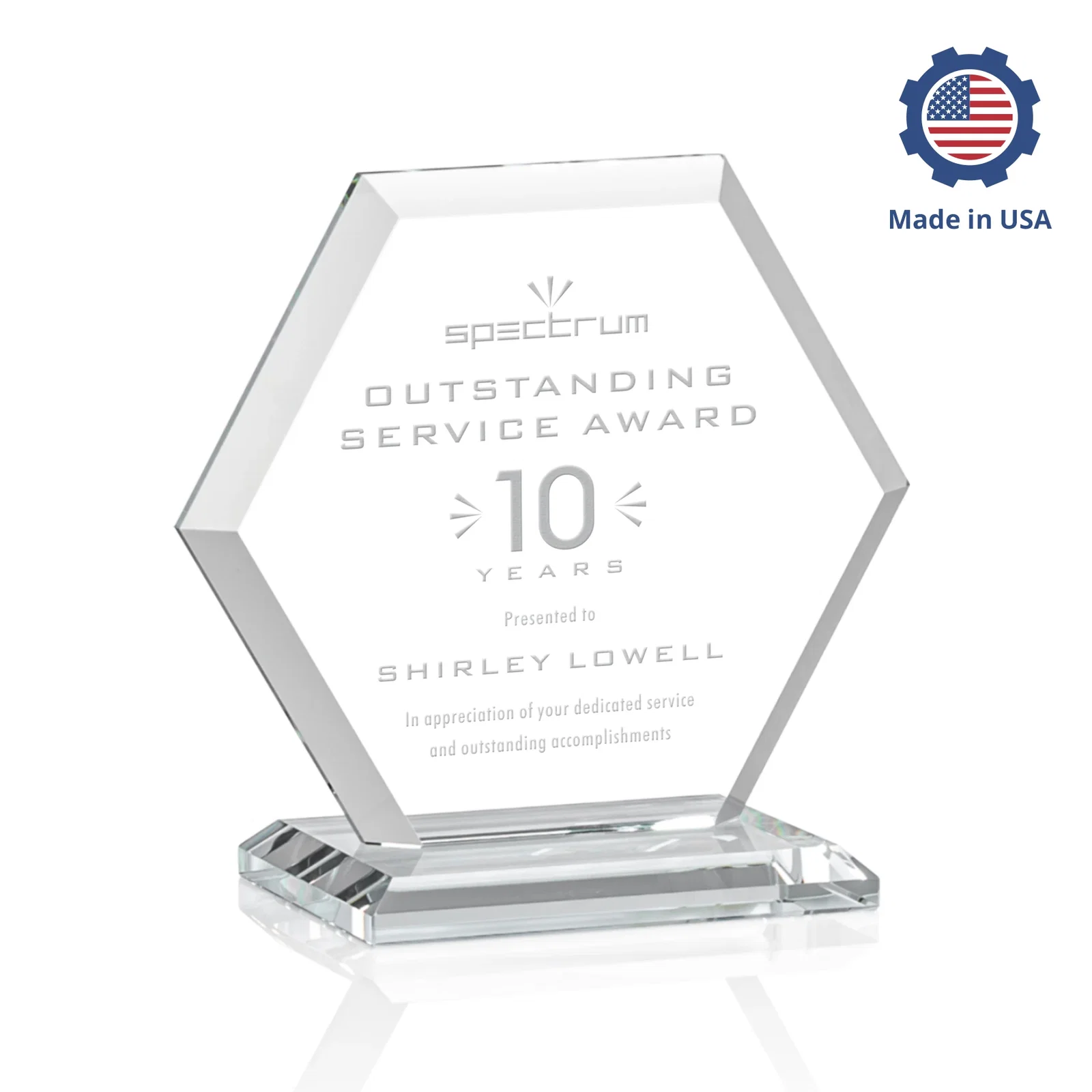 Promotional Starfire Crystal Hexagon Award with Deep Mitered Edges, with your logo for sales achievement awards