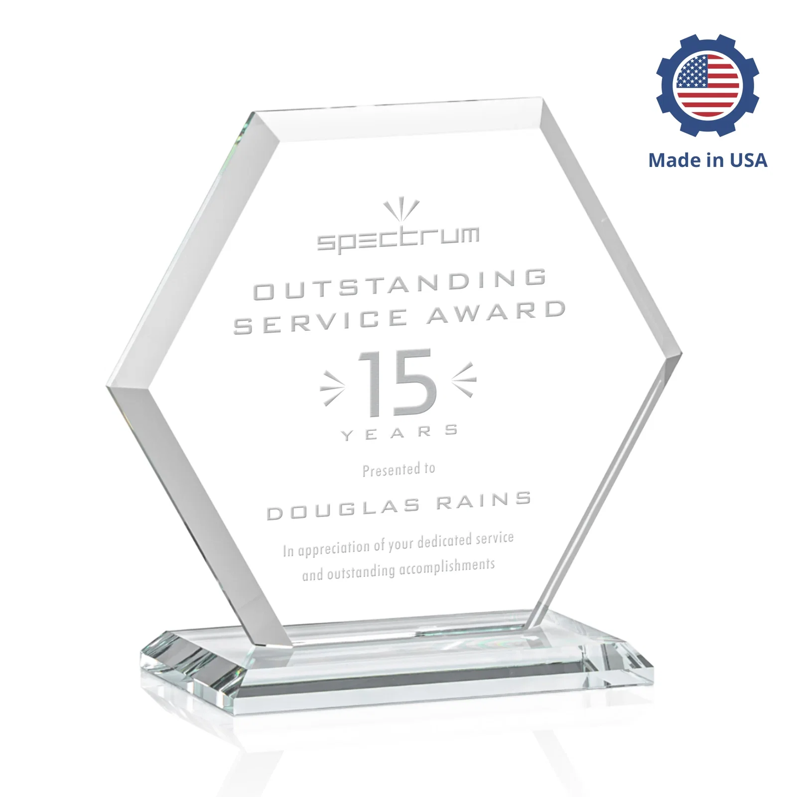 Promotional Starfire Crystal Hexagon Award with Deep Mitered Edges, with your logo for retirement presentations