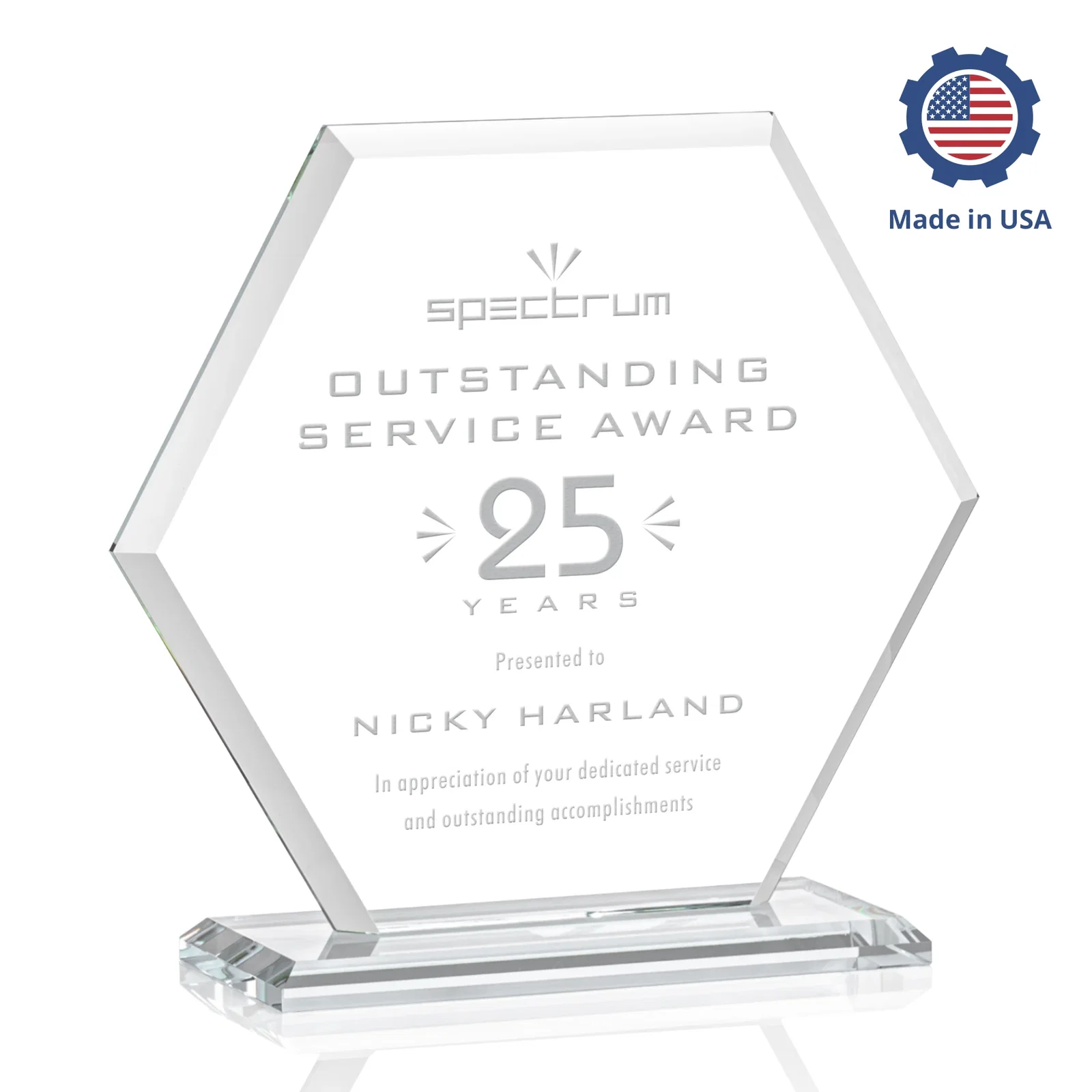 Promotional Starfire Crystal Hexagon Award with Deep Mitered Edges, with your logo for donor appreciation