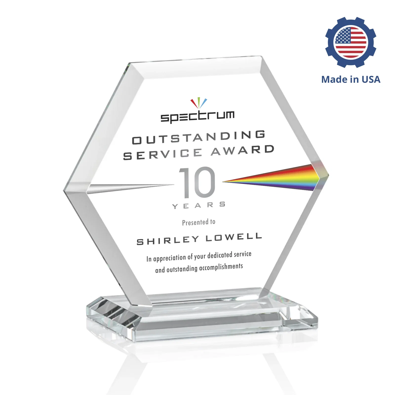 Promotional Starfire Crystal Hexagon Award with Deep Mitered Edges, with your logo for volunteer appreciation