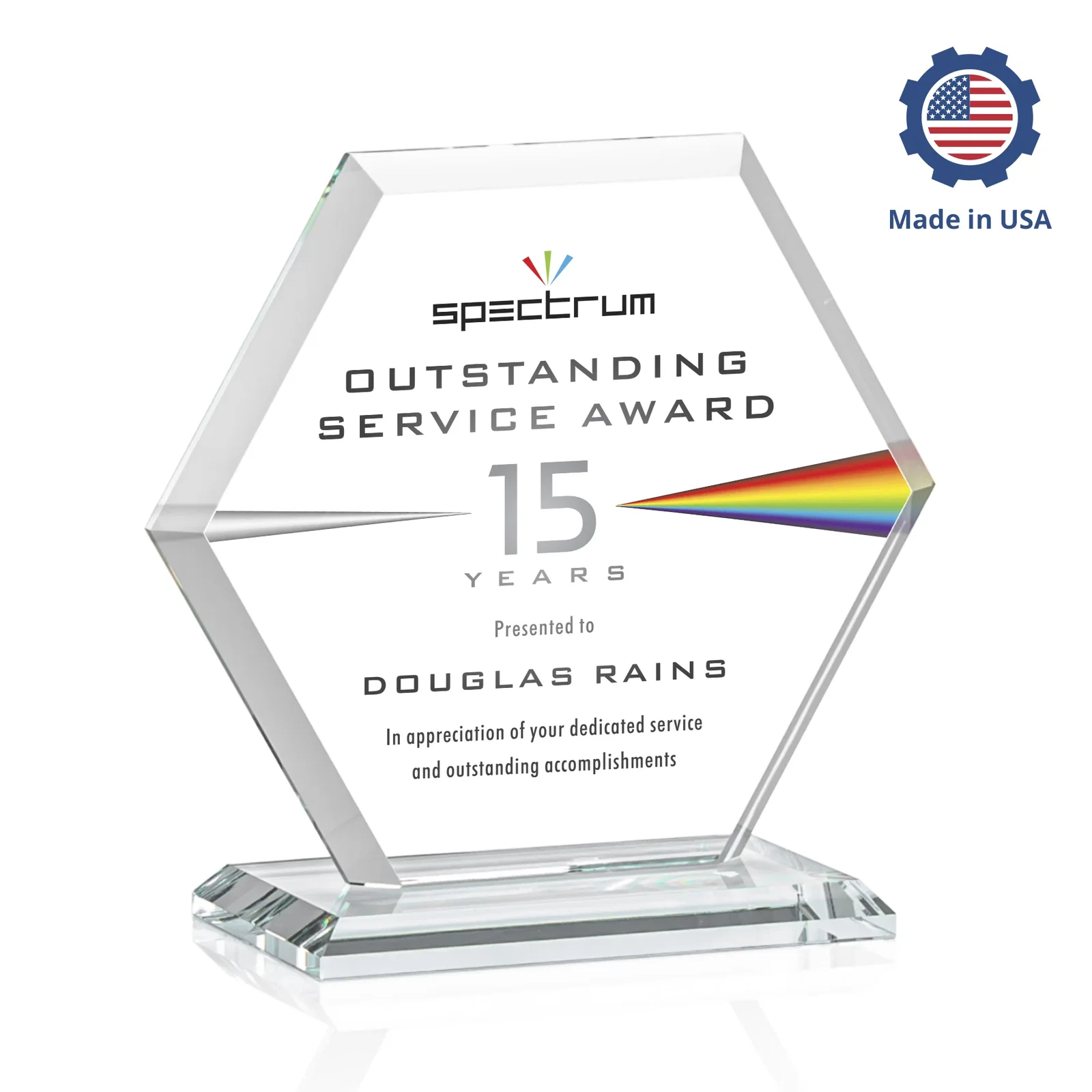Promotional Starfire Crystal Hexagon Award with Deep Mitered Edges, with your logo for dealer and partner awards