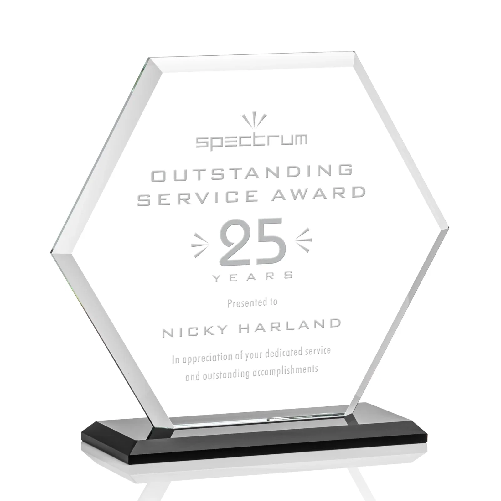 Custom Starfire Crystal Hexagon Award with Deep Mitered Edges for company anniversary events