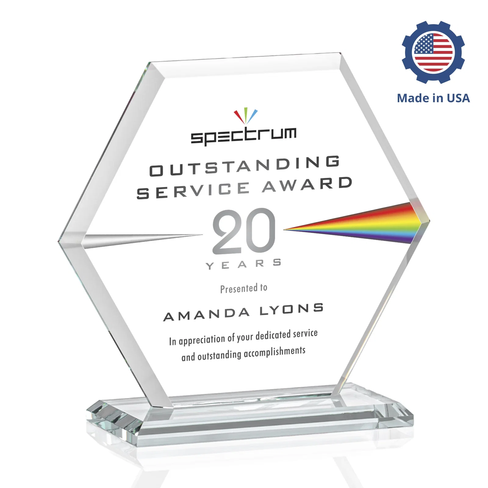Promotional Starfire Crystal Hexagon Award with Deep Mitered Edges, with your logo for company anniversary events