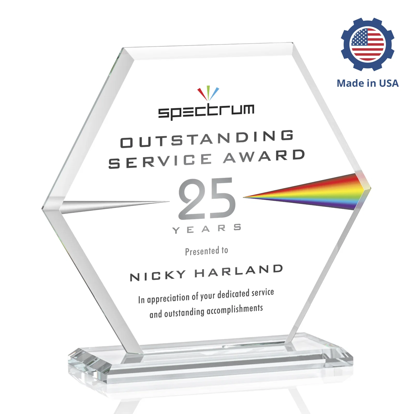 Branded Starfire Crystal Hexagon Award with Deep Mitered Edges, with your logo for employee recognition