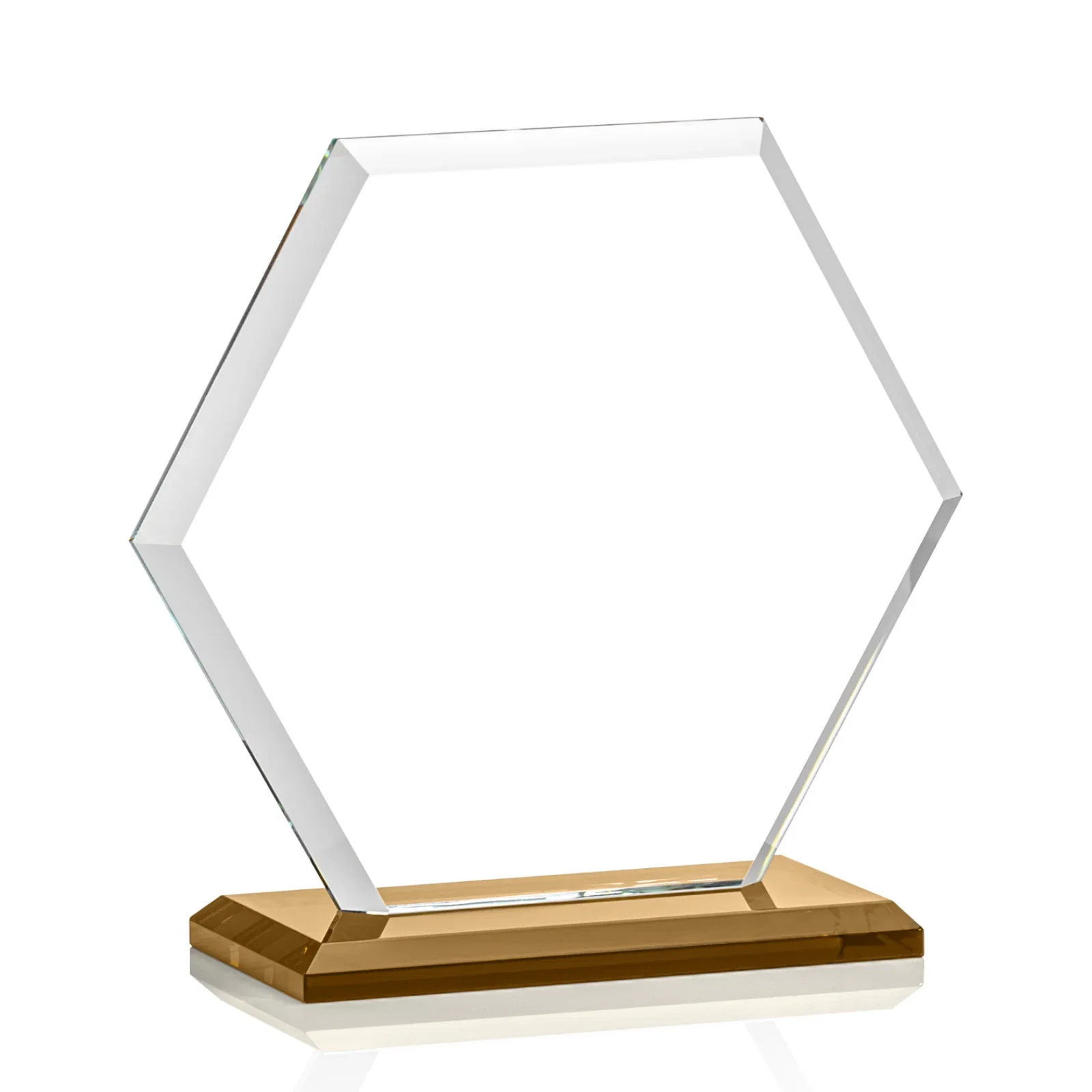 Branded Starfire Crystal Hexagon Award with Deep Mitered Edges, with your logo for retirement presentations