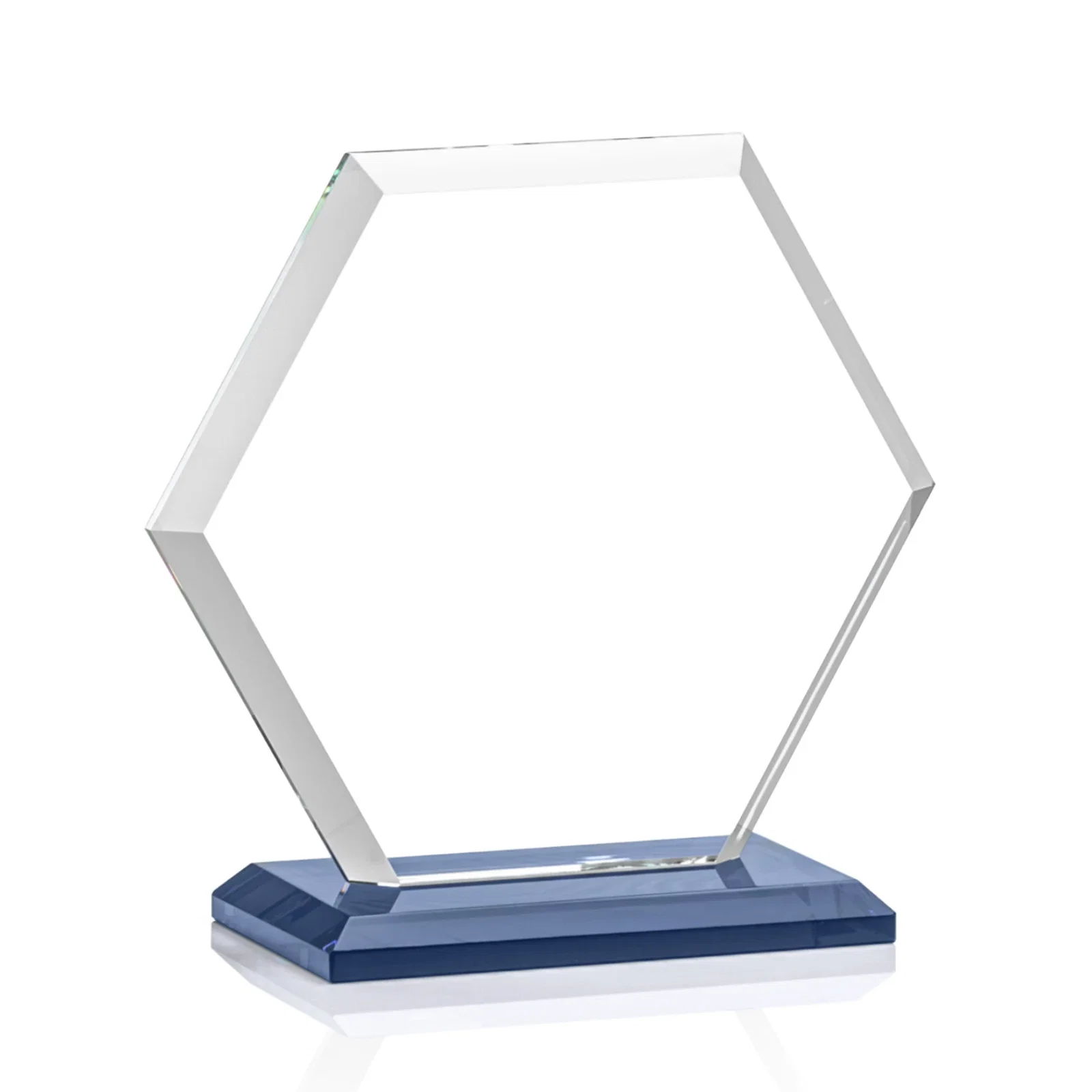 Custom printed Starfire Crystal Hexagon Award with Deep Mitered Edges, with your logo for corporate award ceremonies