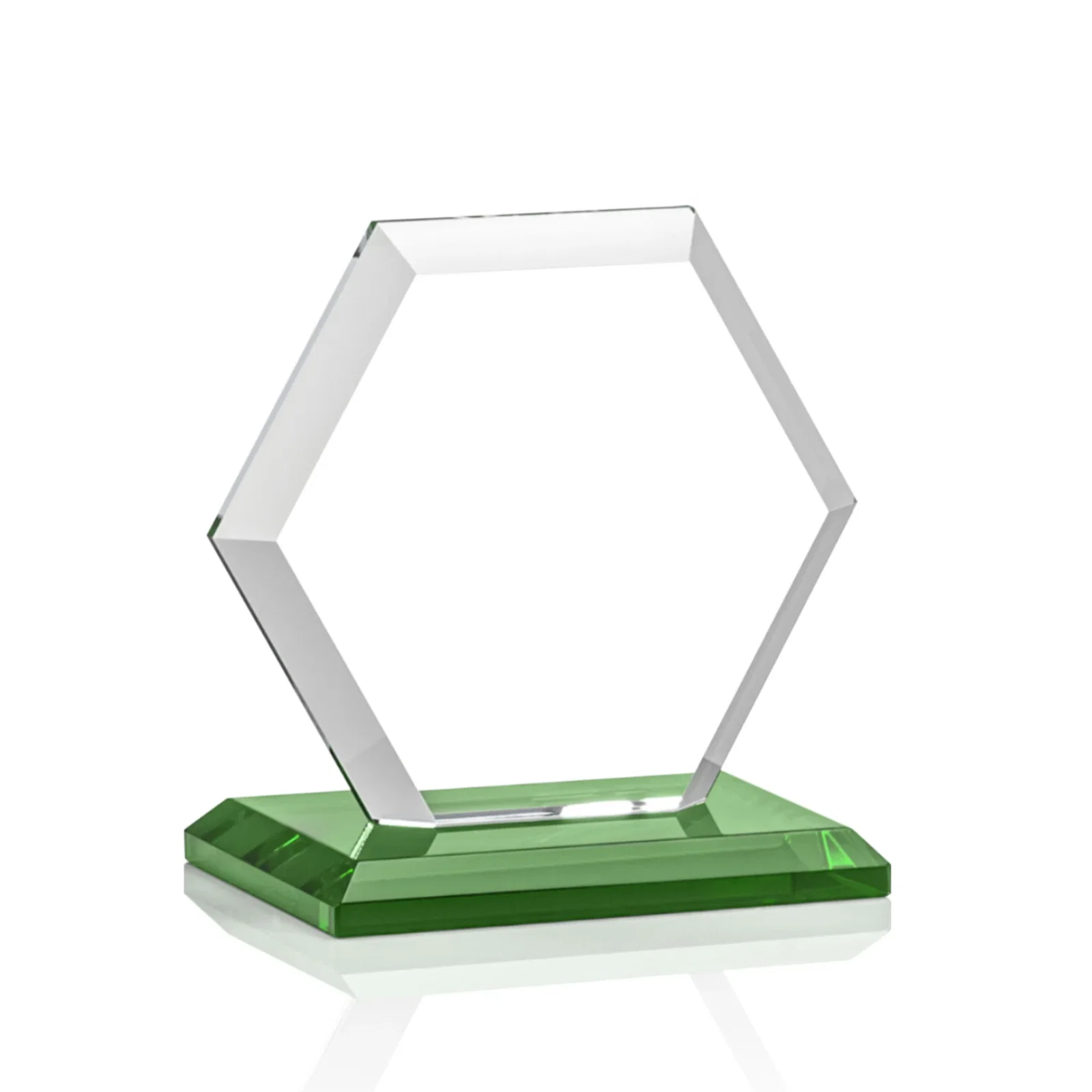 Custom printed Starfire Crystal Hexagon Award with Deep Mitered Edges, with your logo for retirement presentations