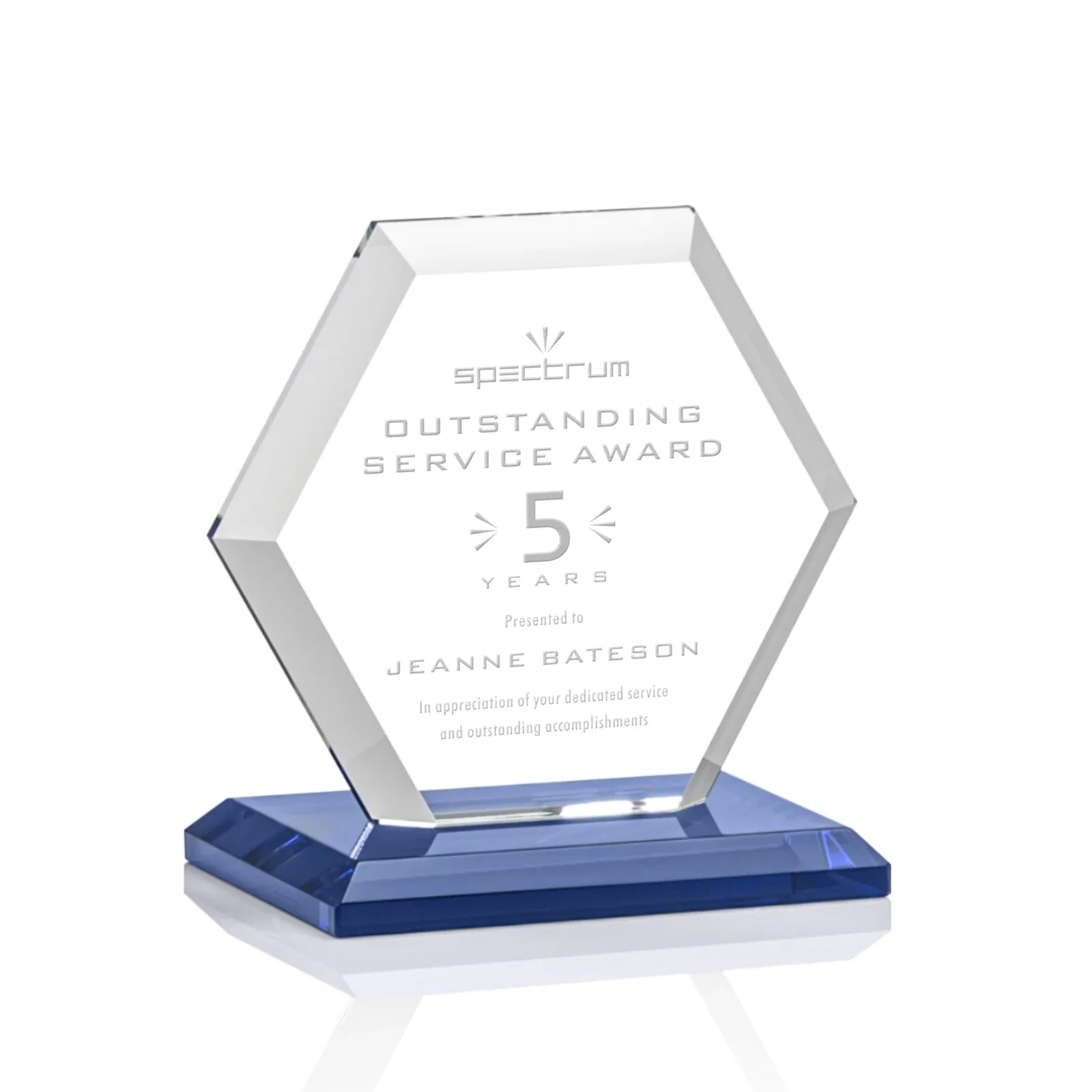 Personalized Starfire Crystal Hexagon Award with Deep Mitered Edges for corporate award ceremonies