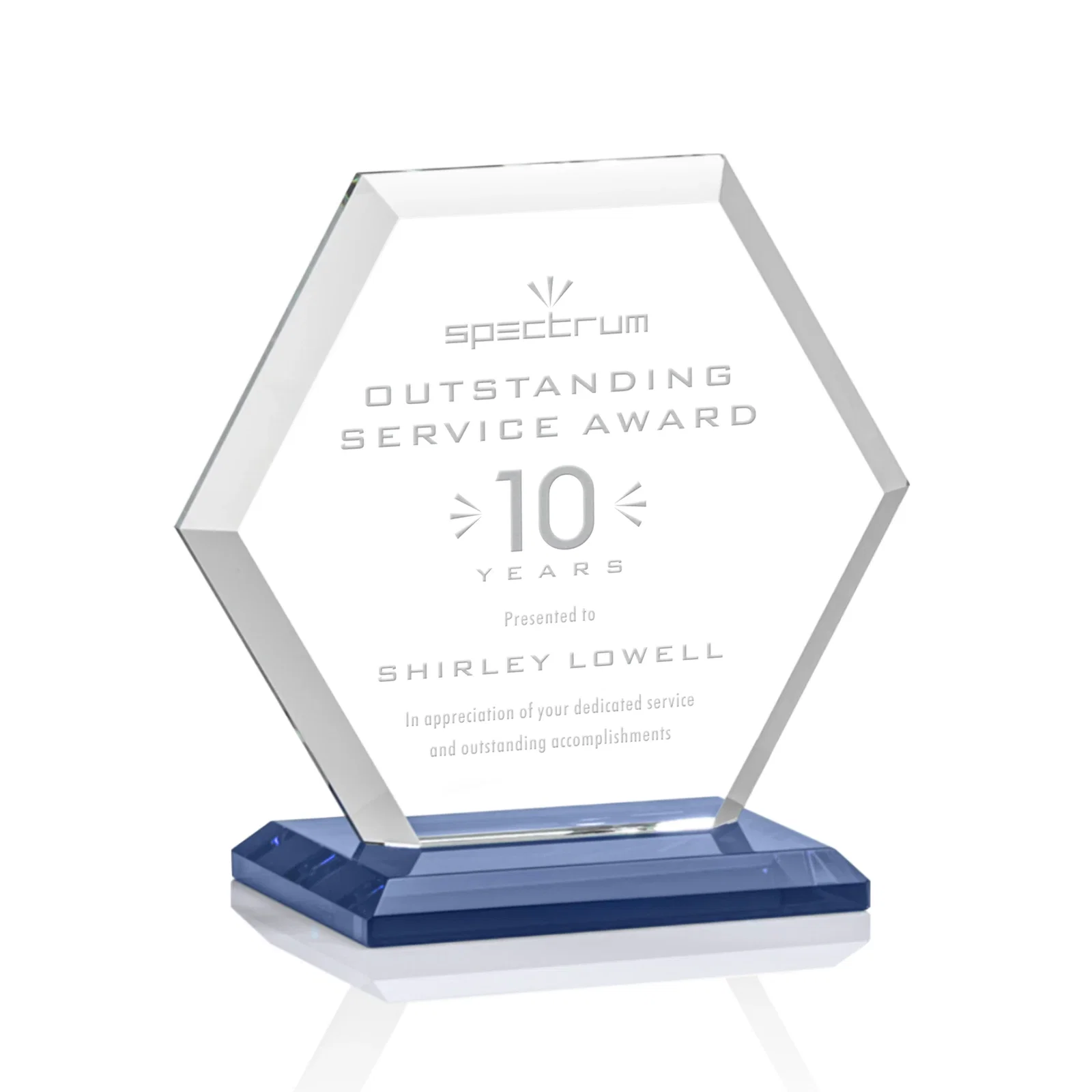 Personalized Starfire Crystal Hexagon Award with Deep Mitered Edges for service anniversary gifts