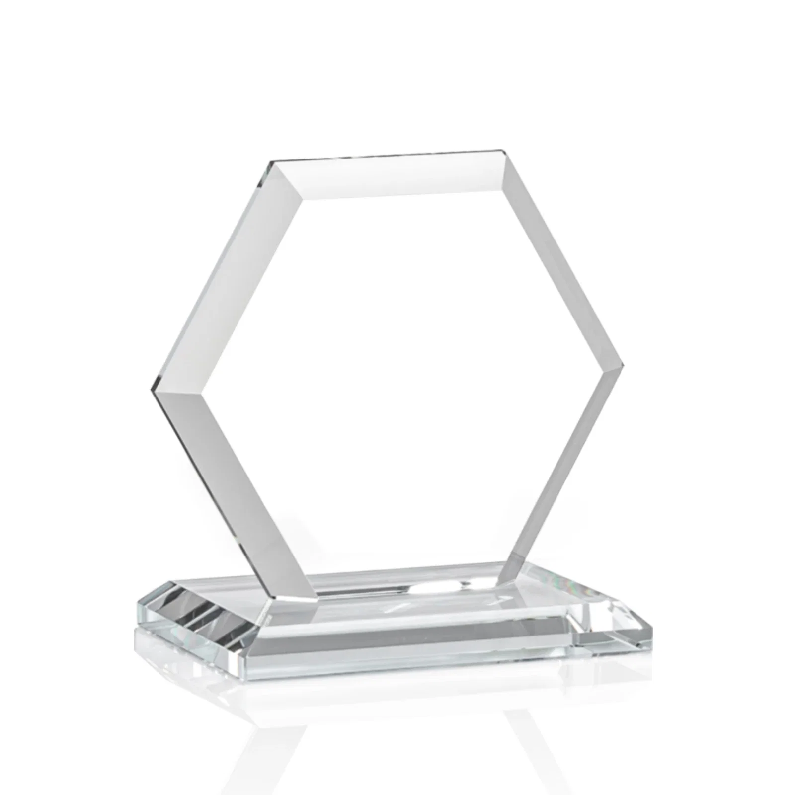 Custom engraved Starfire Crystal Hexagon Award with Deep Mitered Edges, with your logo for employee recognition