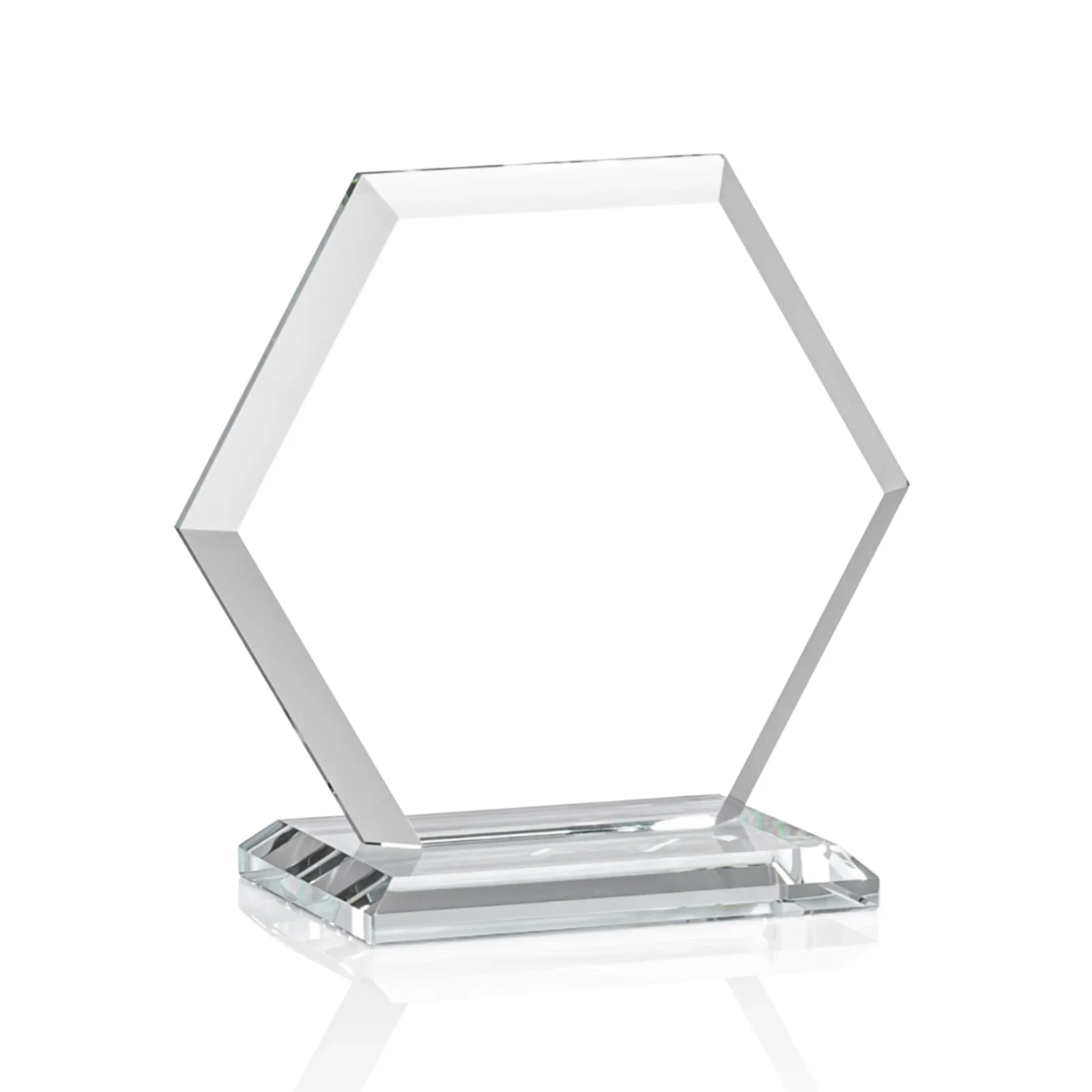 Custom engraved Starfire Crystal Hexagon Award with Deep Mitered Edges, with your logo for corporate award ceremonies