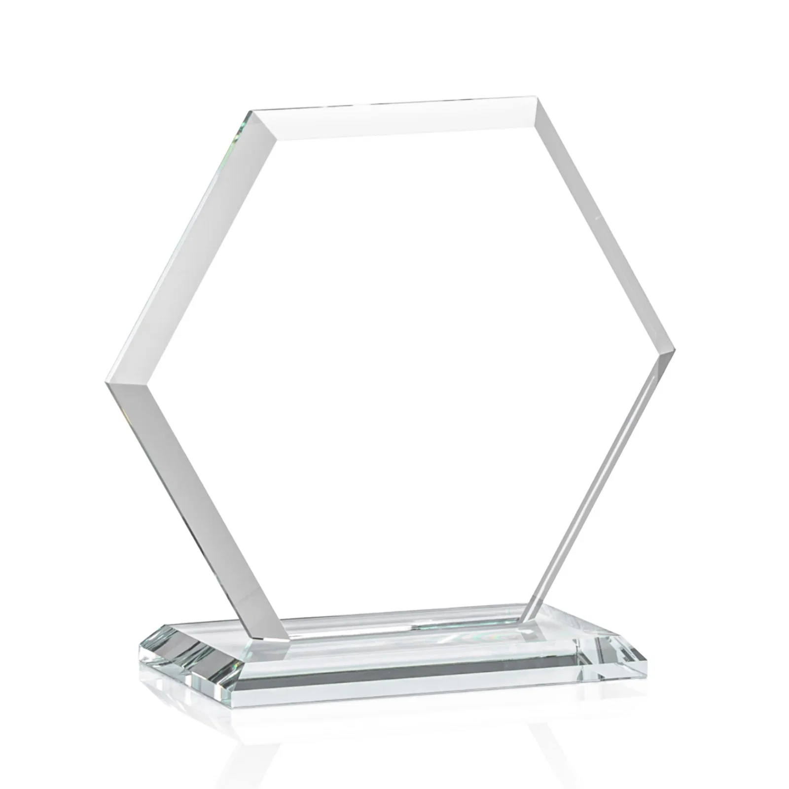 Custom engraved Starfire Crystal Hexagon Award with Deep Mitered Edges, with your logo for service anniversary gifts