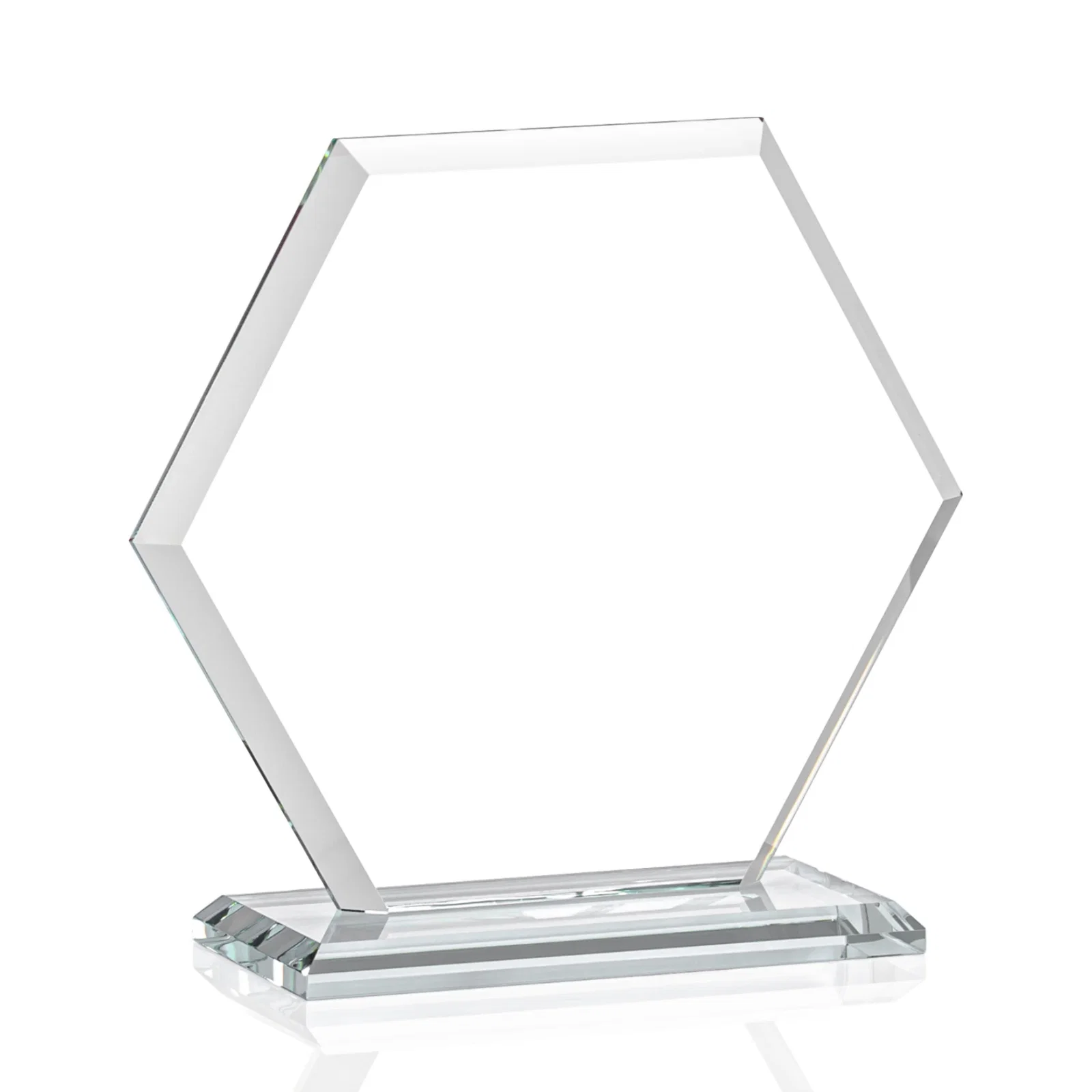 Custom engraved Starfire Crystal Hexagon Award with Deep Mitered Edges, with your logo for sales achievement awards